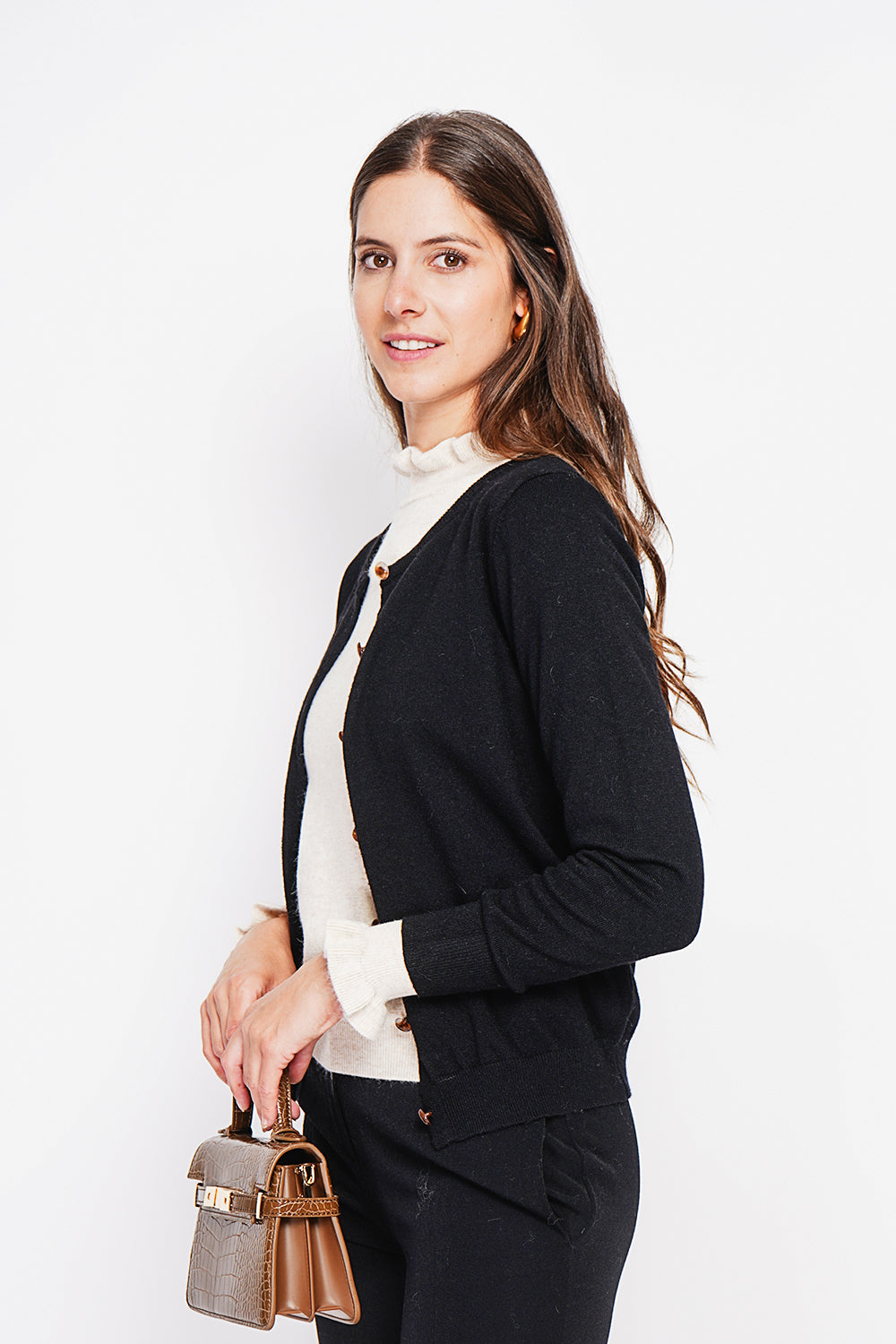 Elegante gilet girocollo con bottoni e maniche lunghe Nero