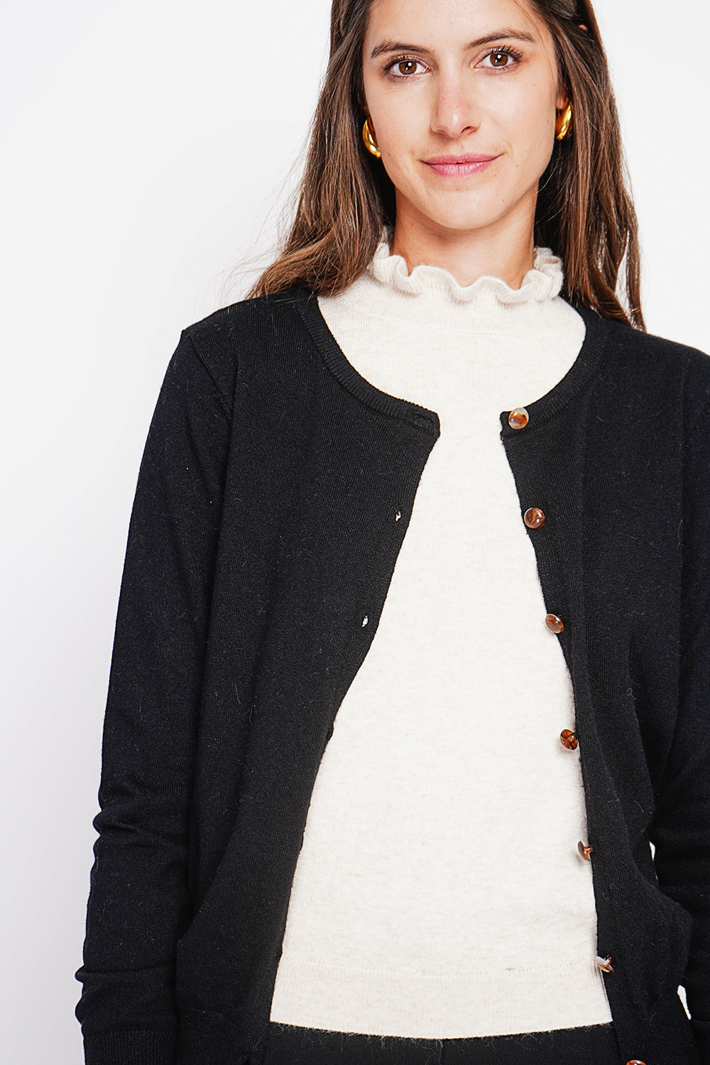 Elegante gilet girocollo con bottoni e maniche lunghe Nero