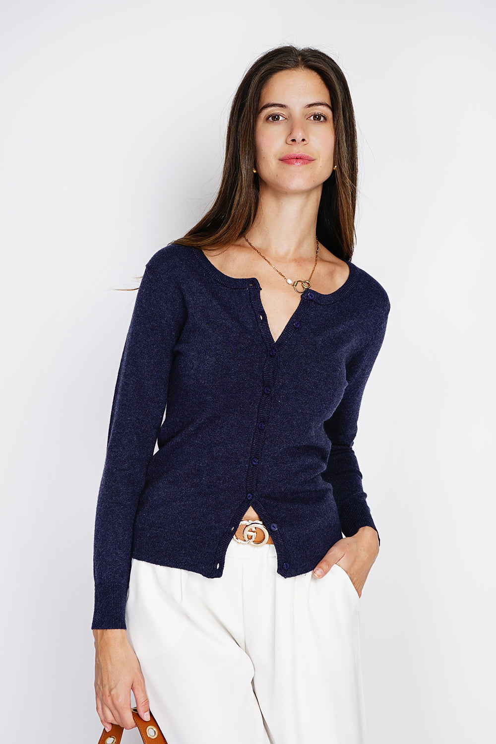 Cardigan Girocollo Fantasia Con Bottoni - Blu Notte - Assuili