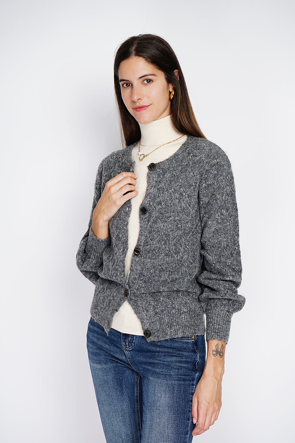 Cardigan Con Maniche Leggermente A Sbuffo Fantasia a maglia - Grigio Scuro Assuili