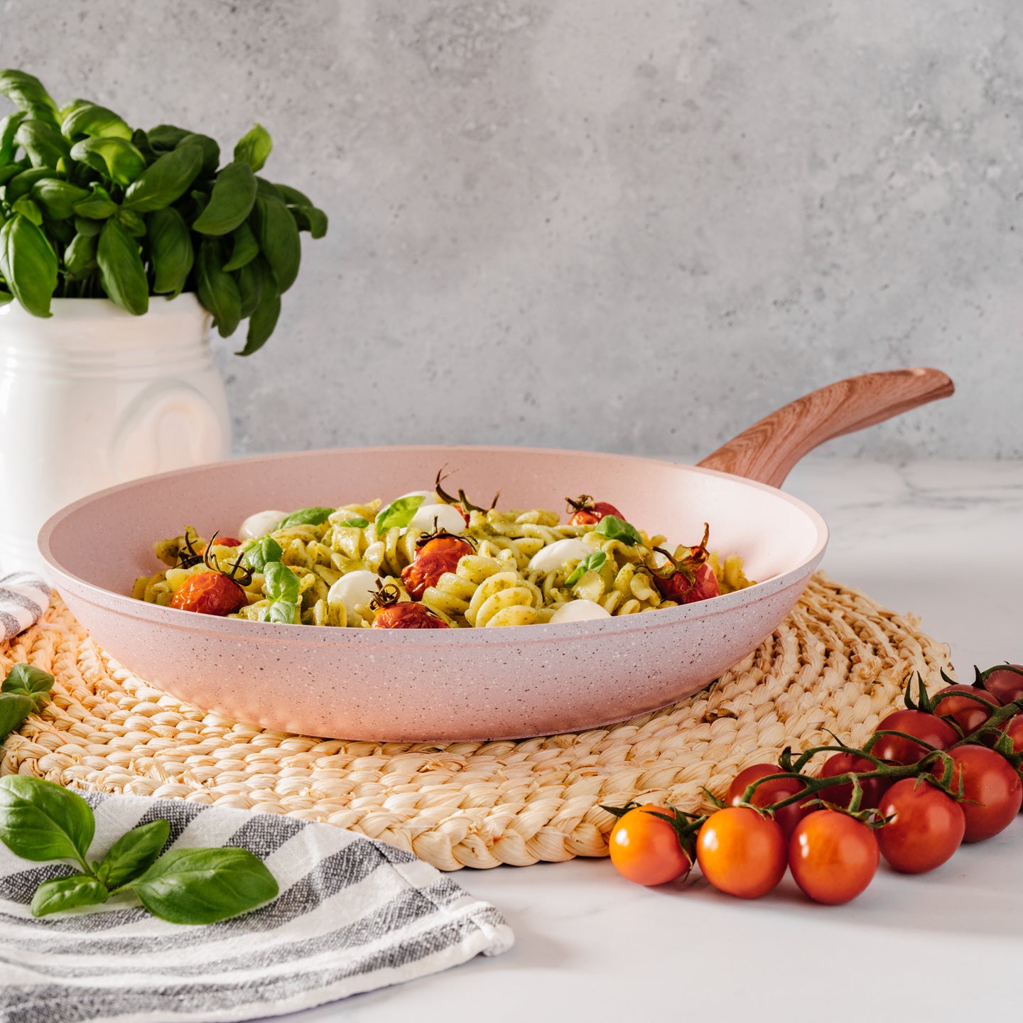 Padella Ø 24 Cm "Stonerose" Manico Design Legno Rosa Naturale