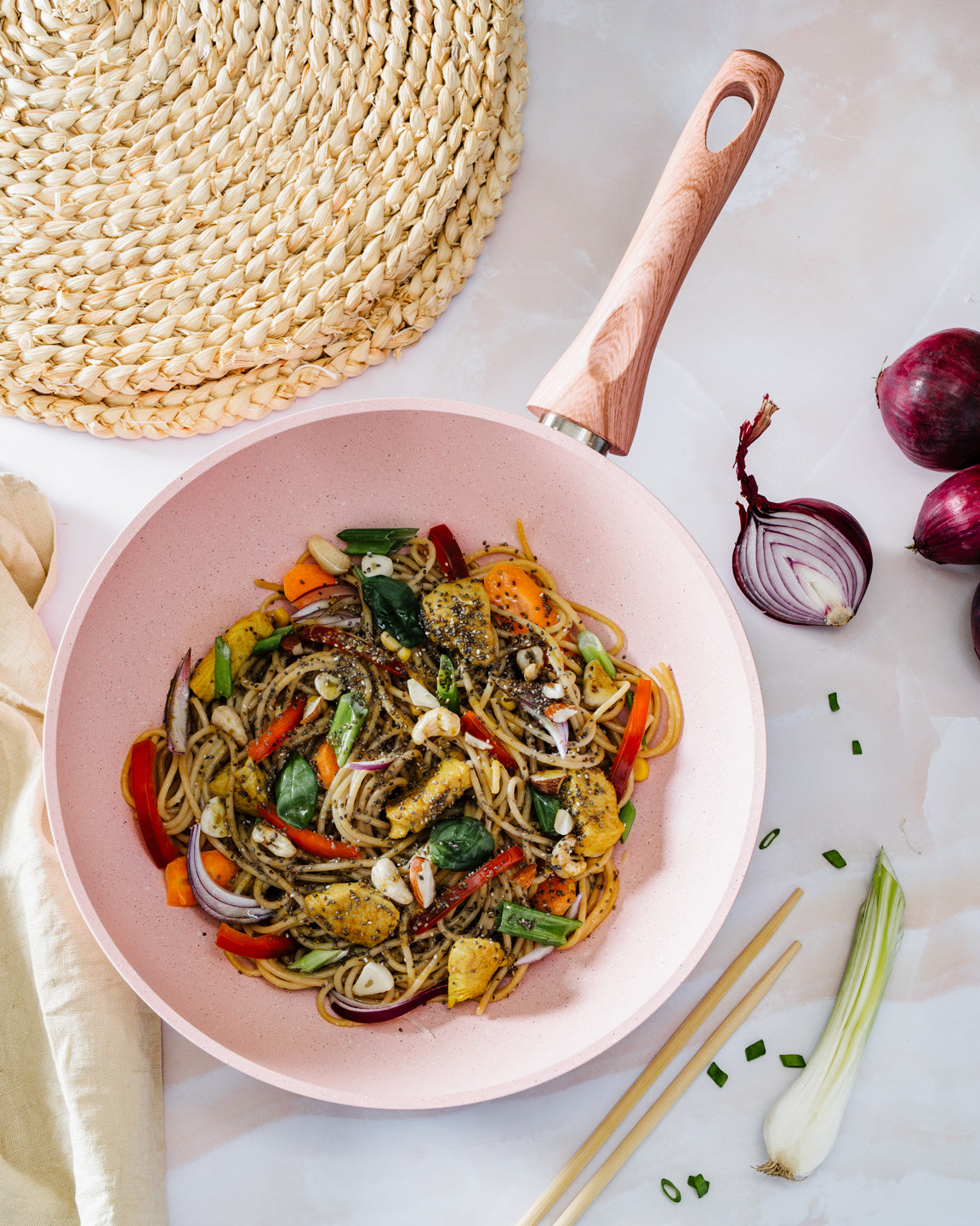 Wok/Saltapasta Ø 28 Cm "Stonerose" Manico Legno Rosa