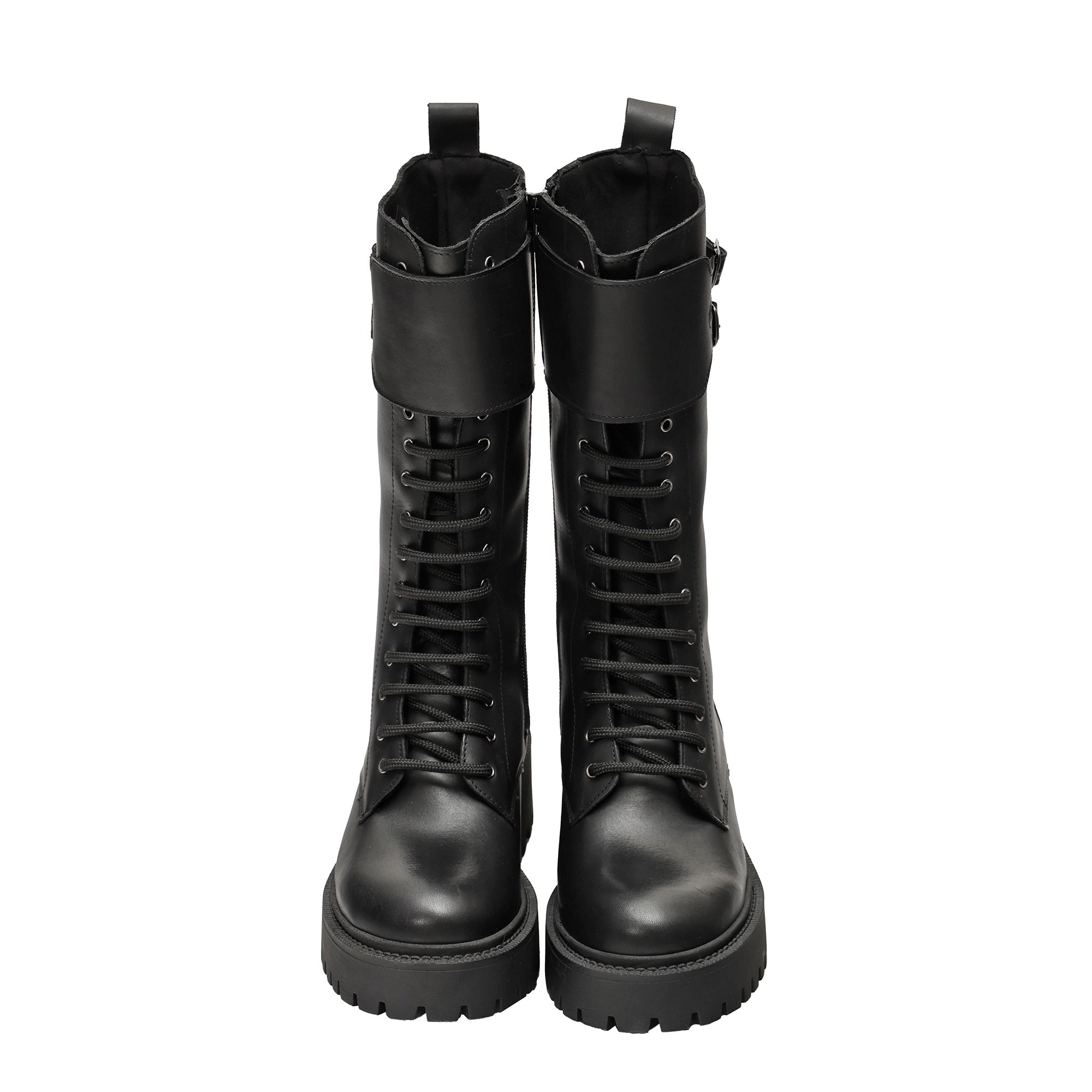 Stivali in vera pelle con stringhe e cinturini Nero