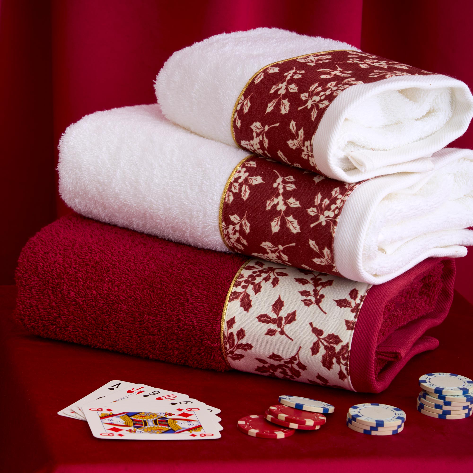 VISCHIO Set Asciugamani Viso + Ospite, Bianco/Rosso