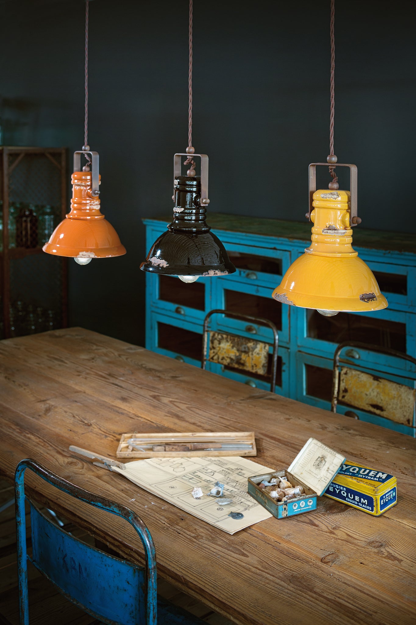 Lampada A Sospensione Industrial Vintage Giallo