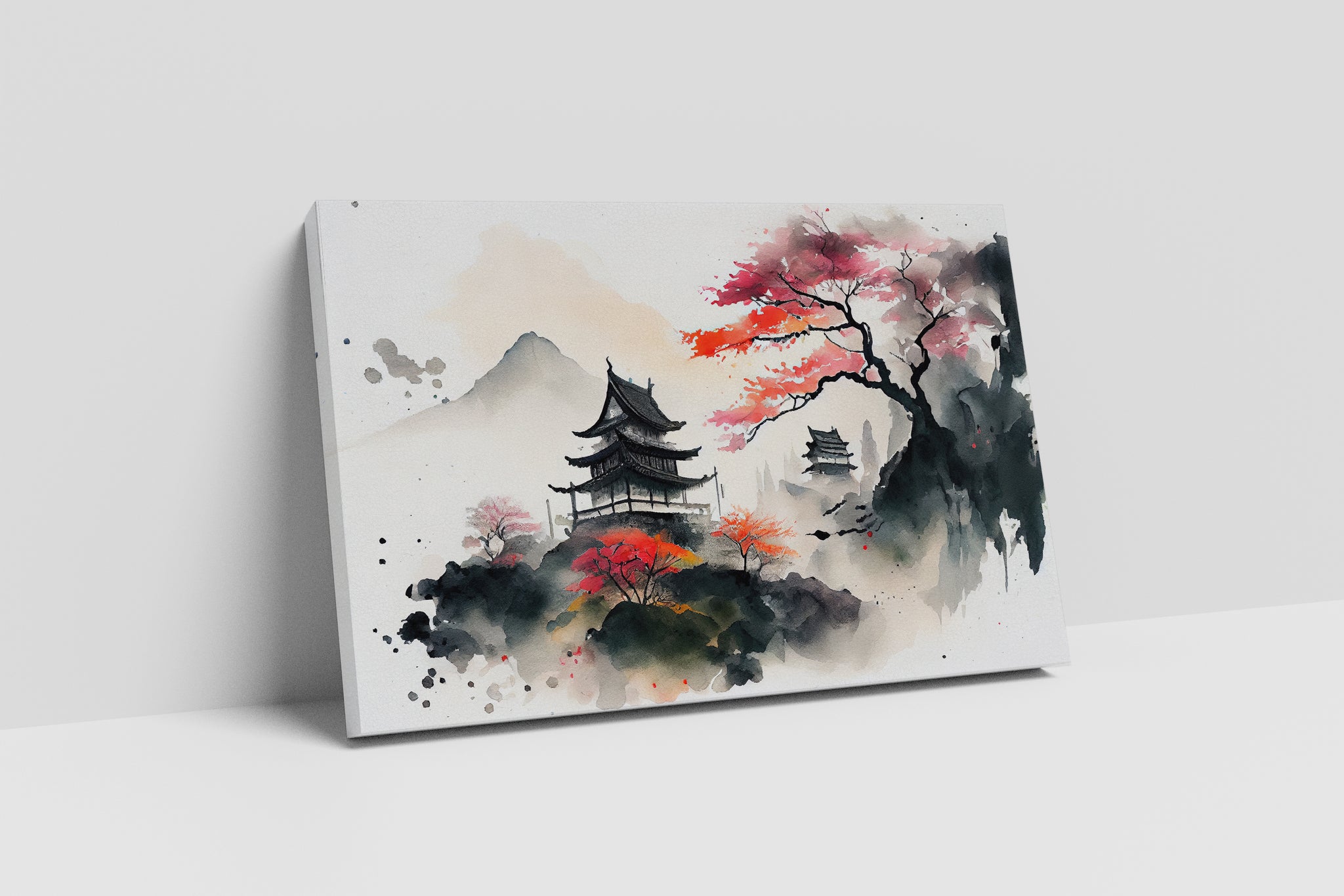 Arte giapponese Pagoda montagne fiori di ciliegio stampa canvas su ecopelle Made in Italy S - 1 pannello - 0,24 mq