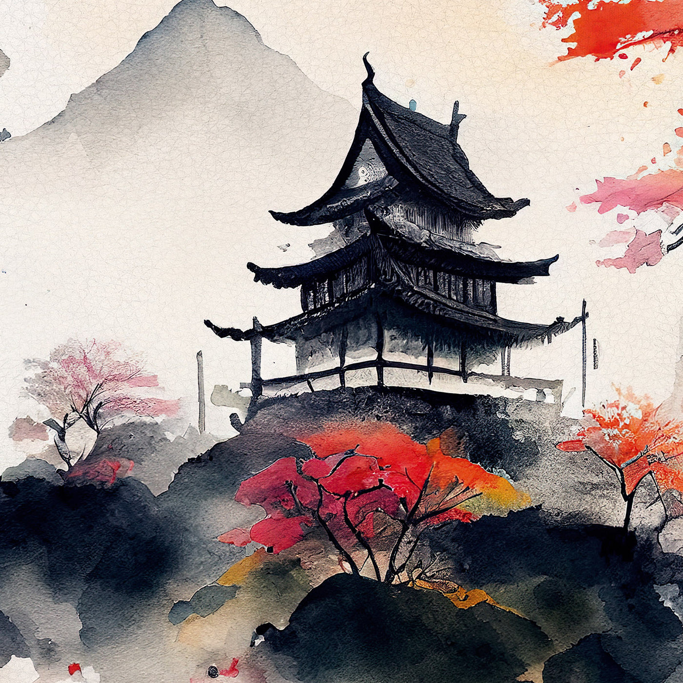 Arte giapponese Pagoda montagne fiori di ciliegio stampa canvas su ecopelle Made in Italy S - 1 pannello - 0,24 mq