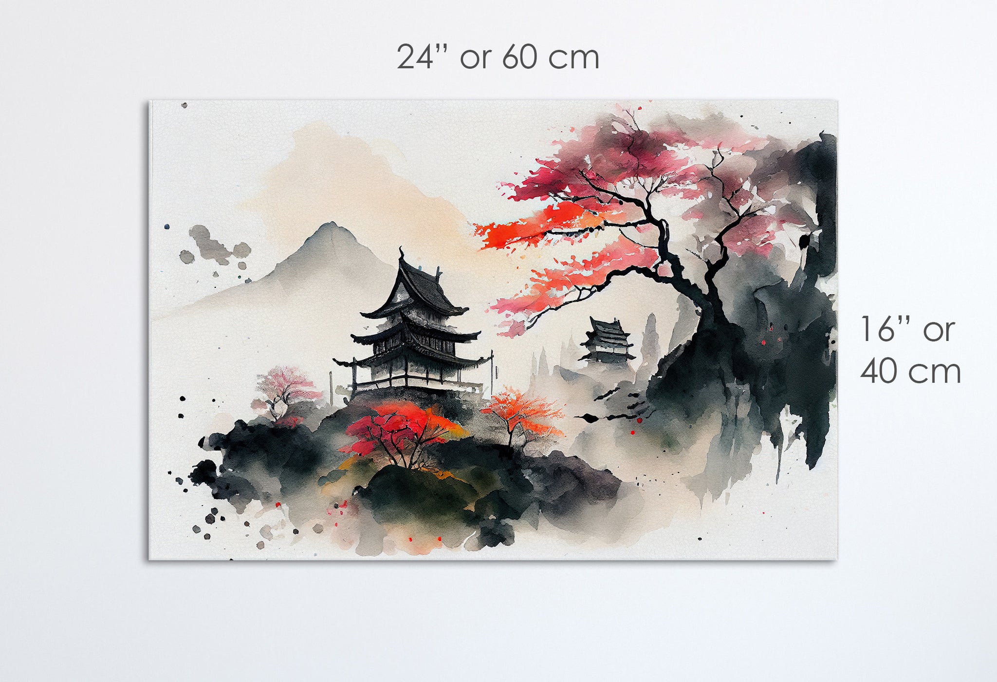 Arte giapponese Pagoda montagne fiori di ciliegio stampa canvas su ecopelle Made in Italy S - 1 pannello - 0,24 mq