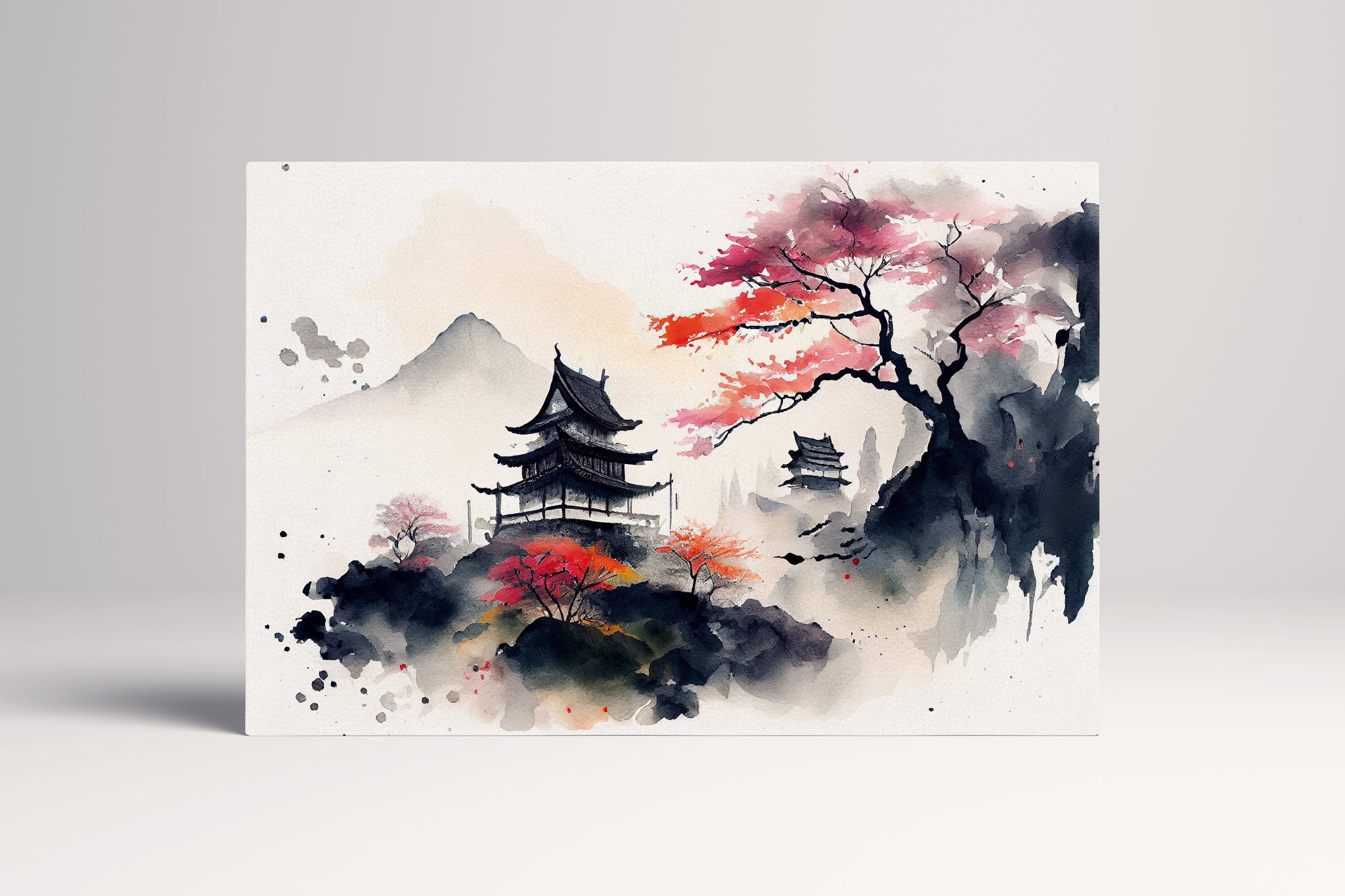 Arte giapponese Pagoda montagne fiori di ciliegio stampa canvas su ecopelle Made in Italy S - 1 pannello - 0,24 mq