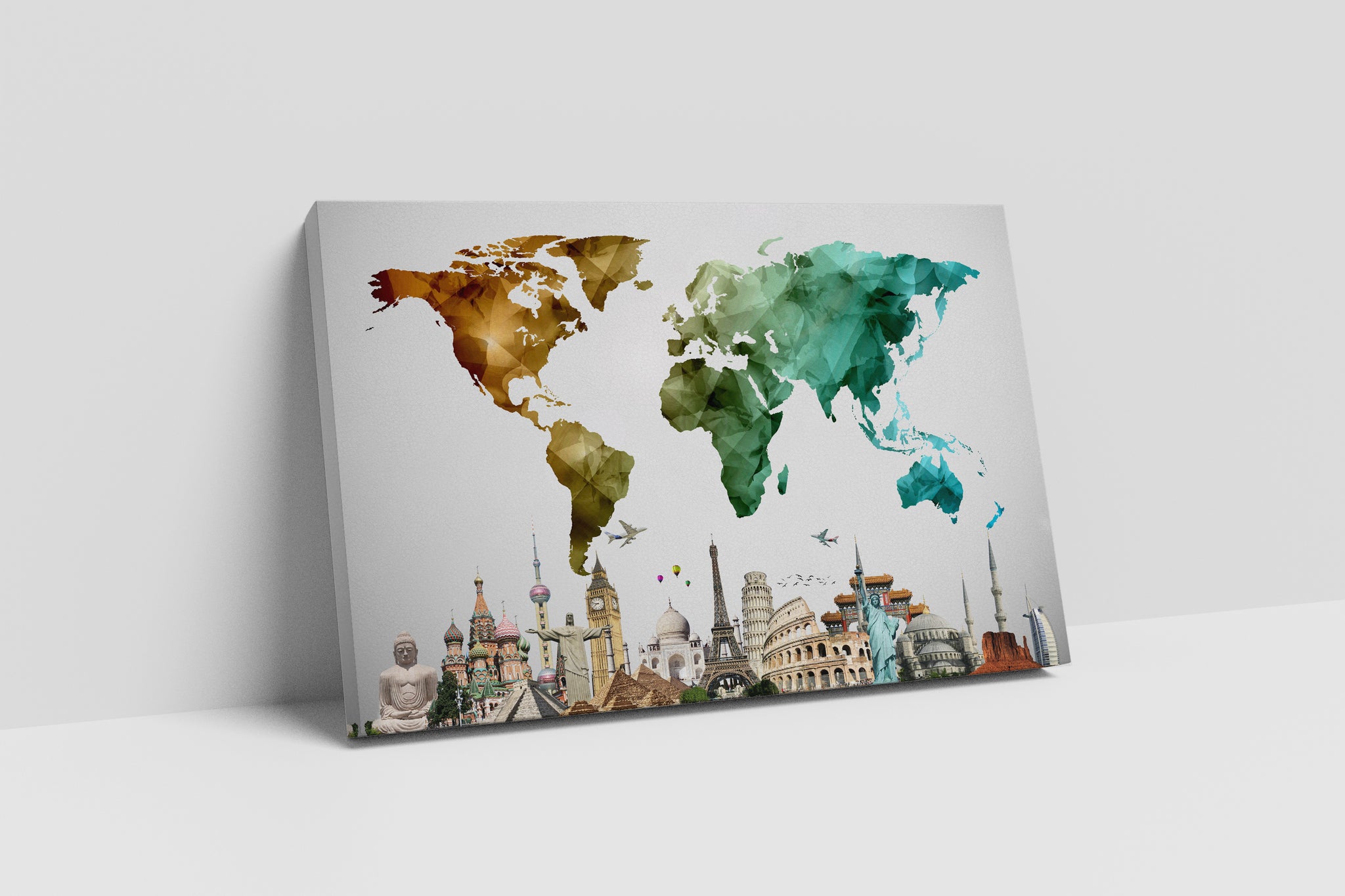 Cartina del mondo con monumenti stampa su tessuto ecopelle Made in Italy S - 1 pannello - 0,24 mq