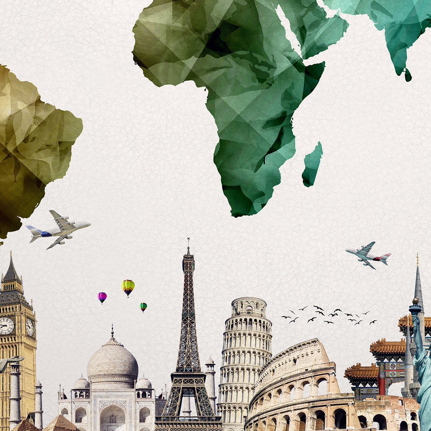 Cartina del mondo con monumenti stampa su tessuto ecopelle Made in Italy S - 1 pannello - 0,24 mq