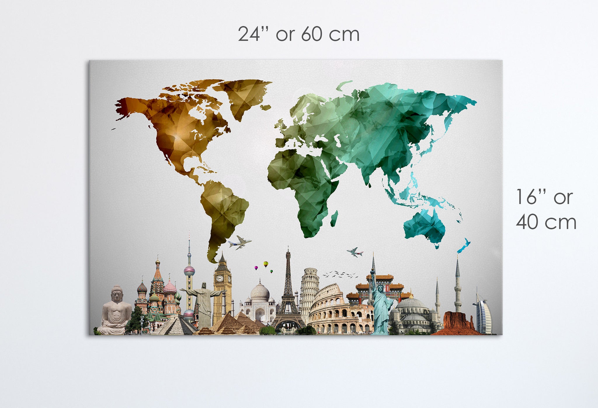 Cartina del mondo con monumenti stampa su tessuto ecopelle Made in Italy S - 1 pannello - 0,24 mq