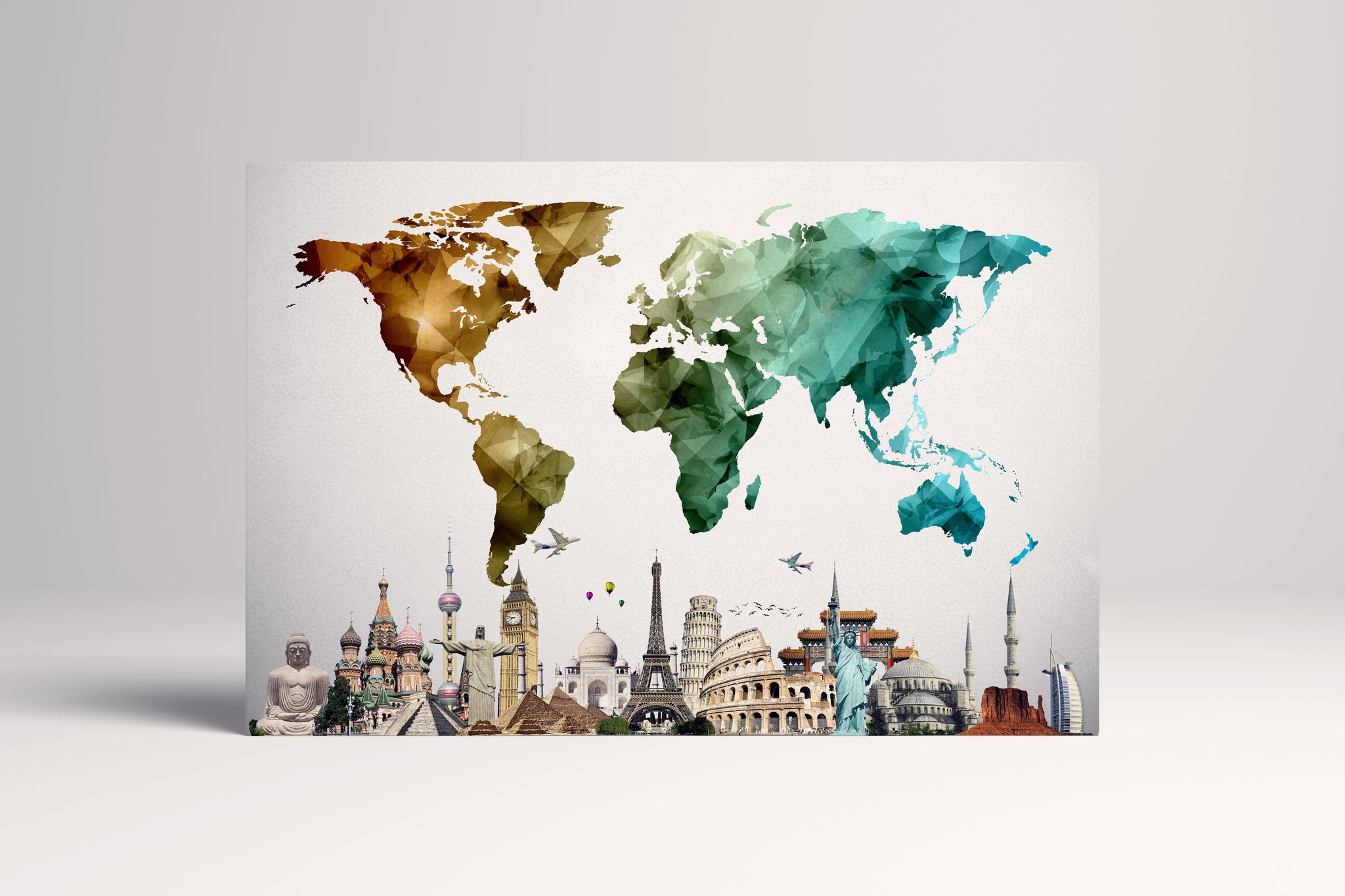 Cartina del mondo con monumenti stampa su tessuto ecopelle Made in Italy S - 1 pannello - 0,24 mq