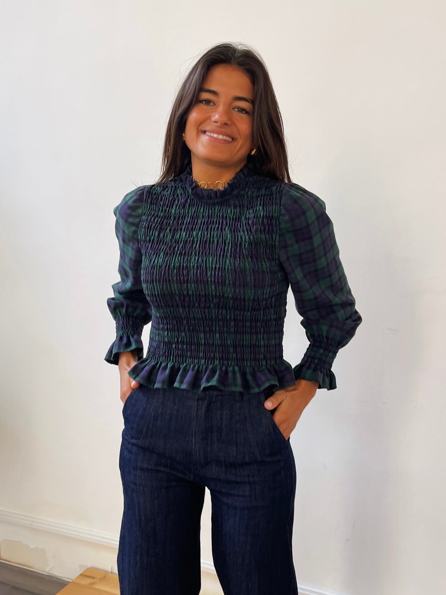 Blusa Chia verde e blu navy