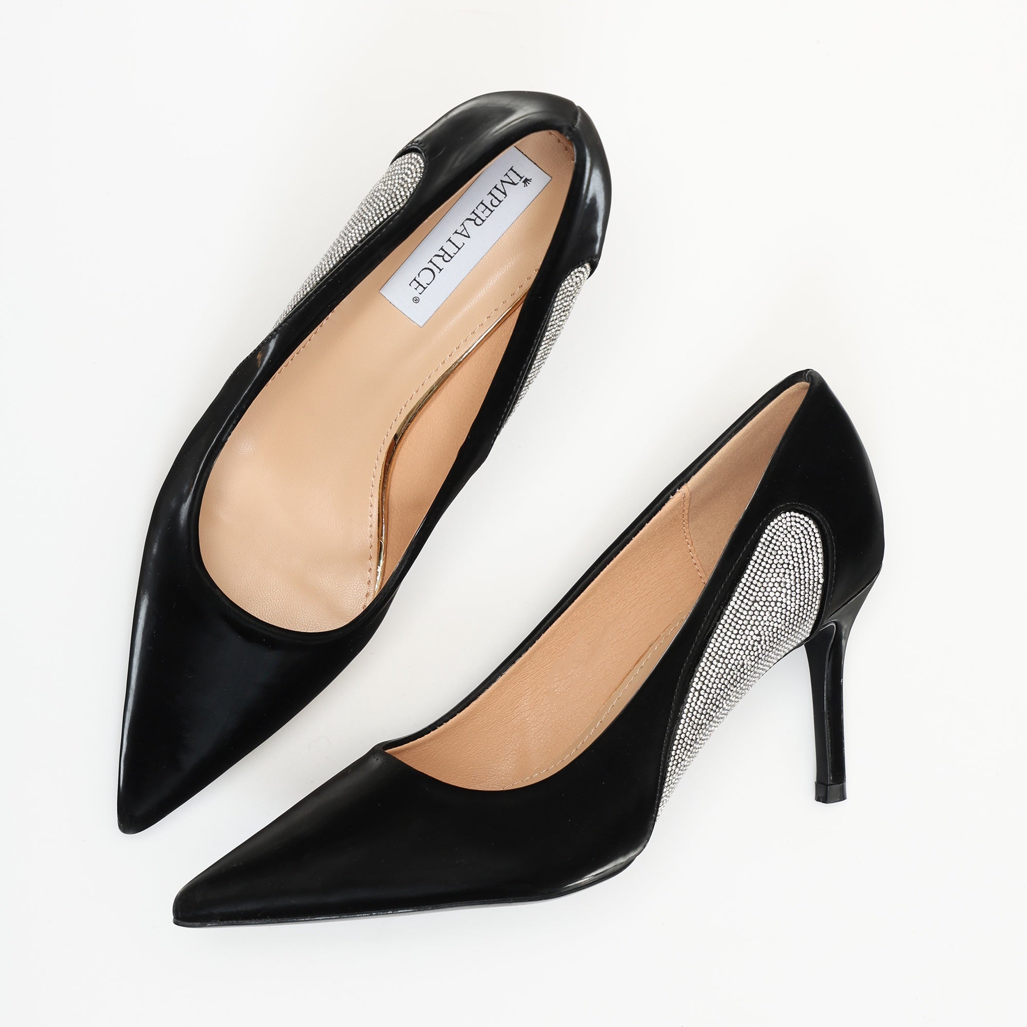 Dècolletè pumps in simil pelle verniciata con strass laterali Nero