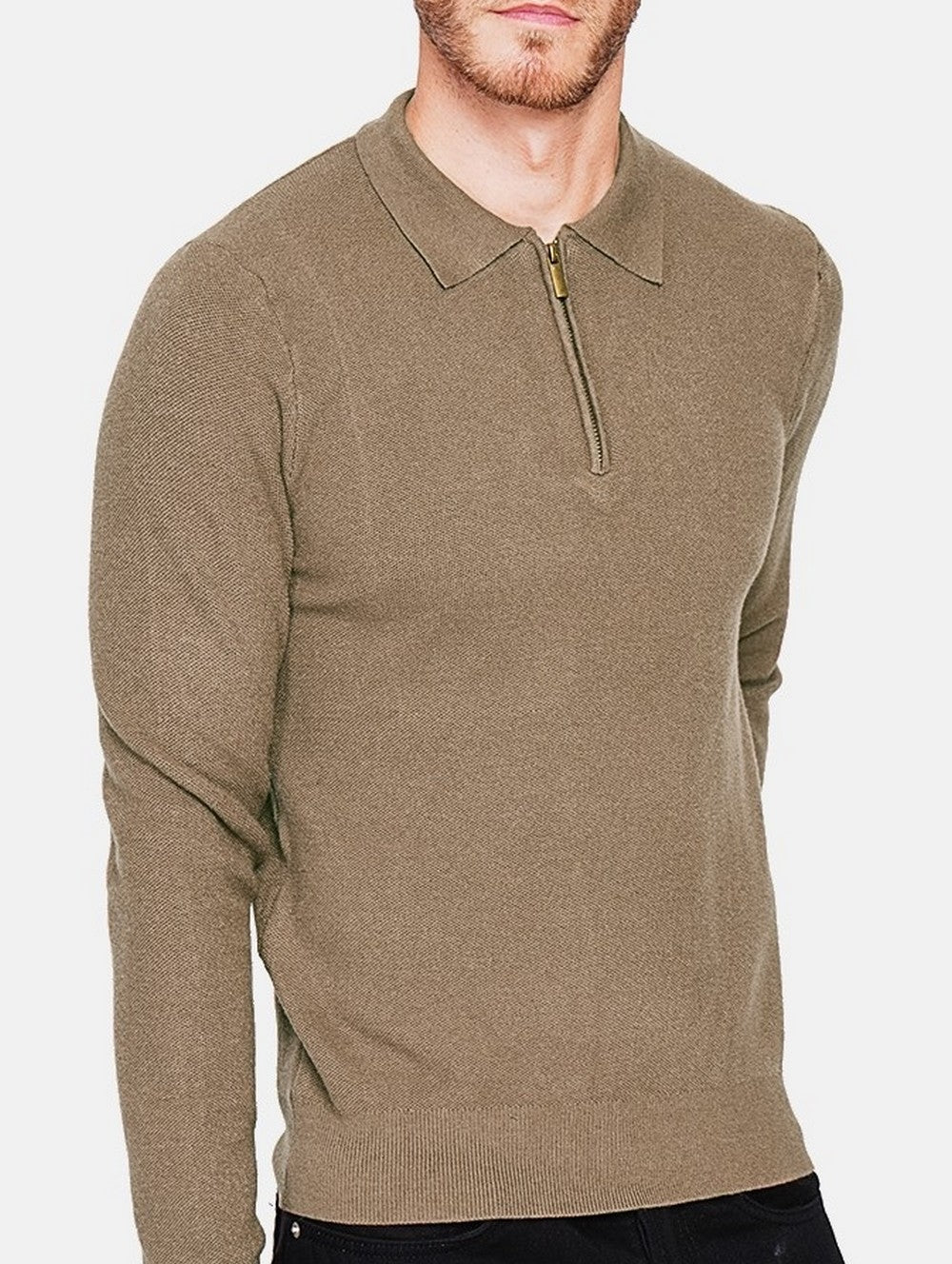 Maglione polo mezza zip con maniche lunghe in 6 fili - Cachi