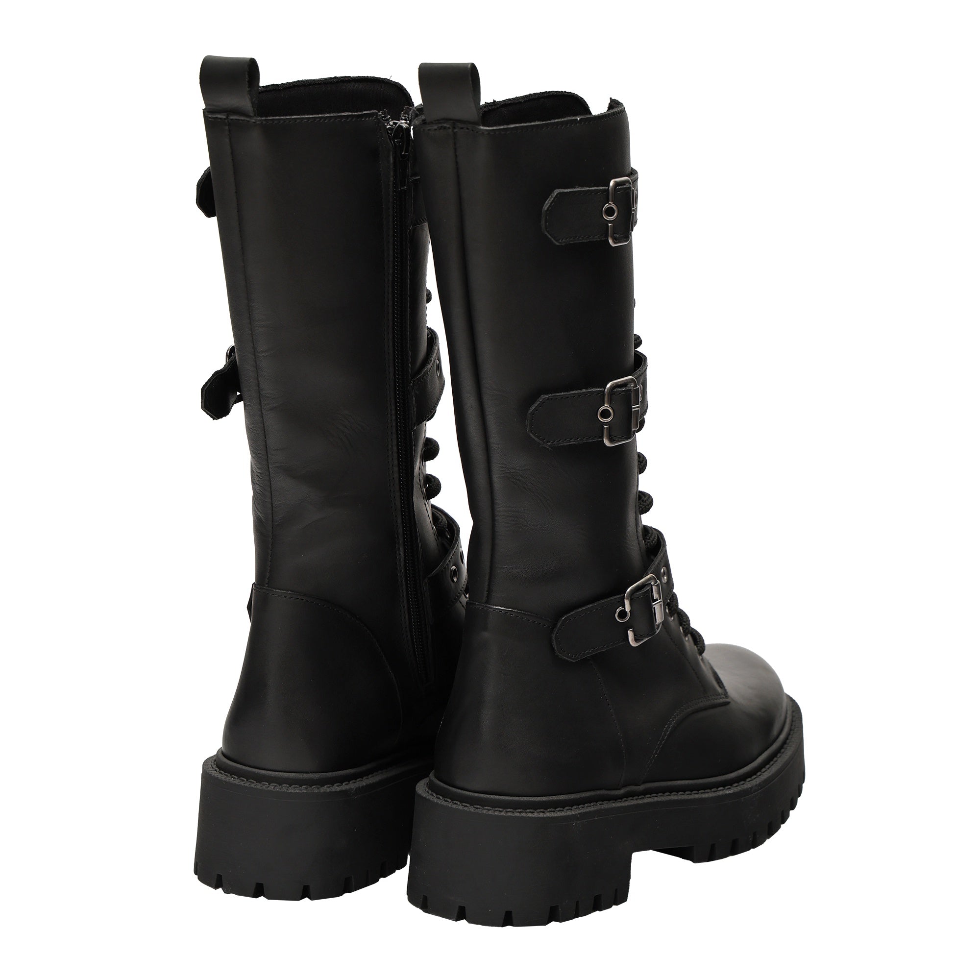 Stivali in vera pelle con stringhe e cinturini Nero