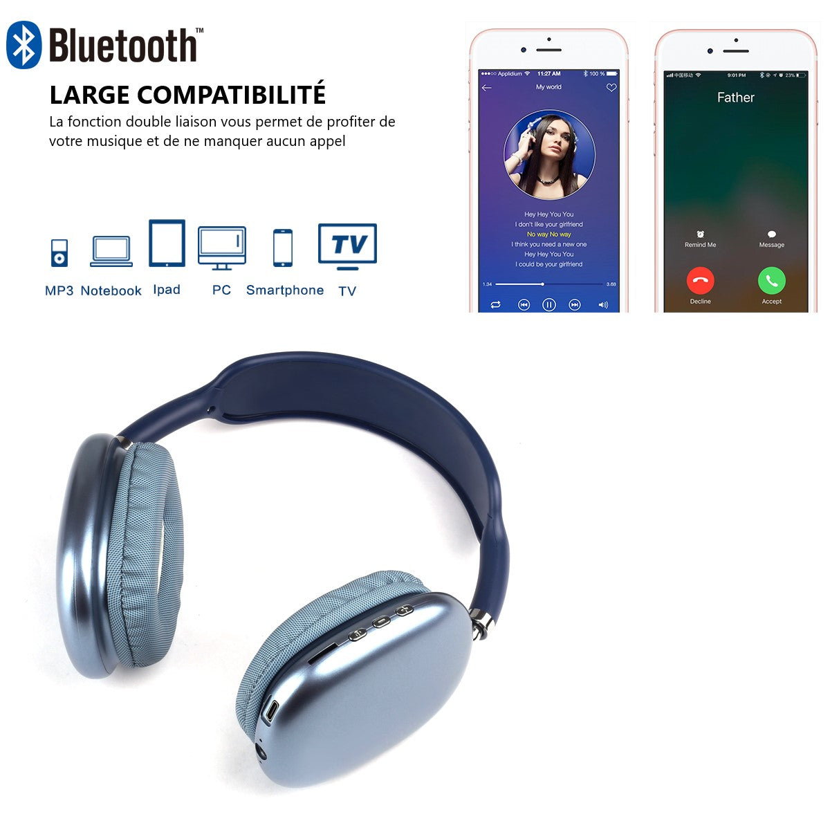 Cuffie Bluetooth Senza Filtro - Blu Glaciale