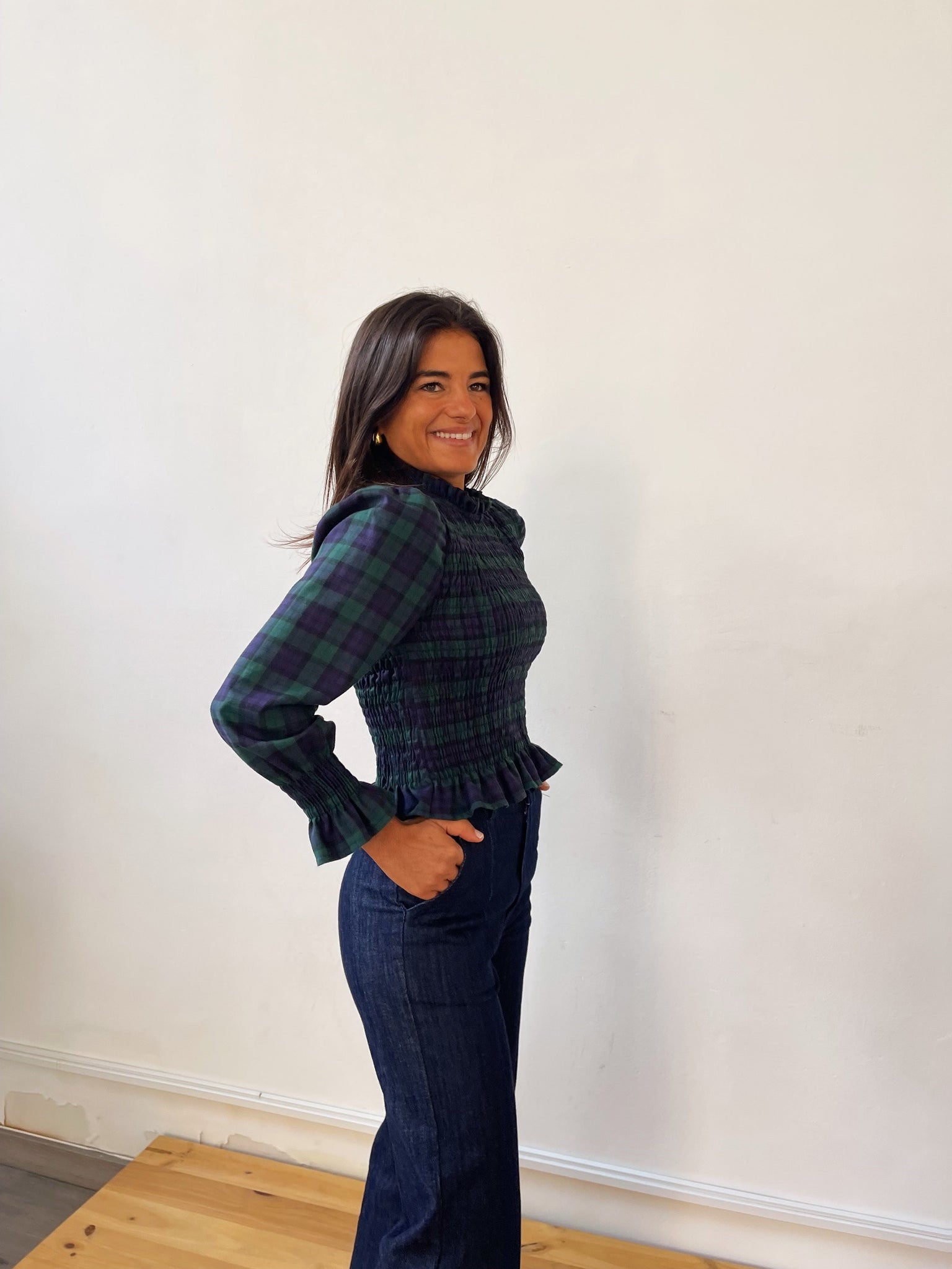 Blusa Chia verde e blu navy