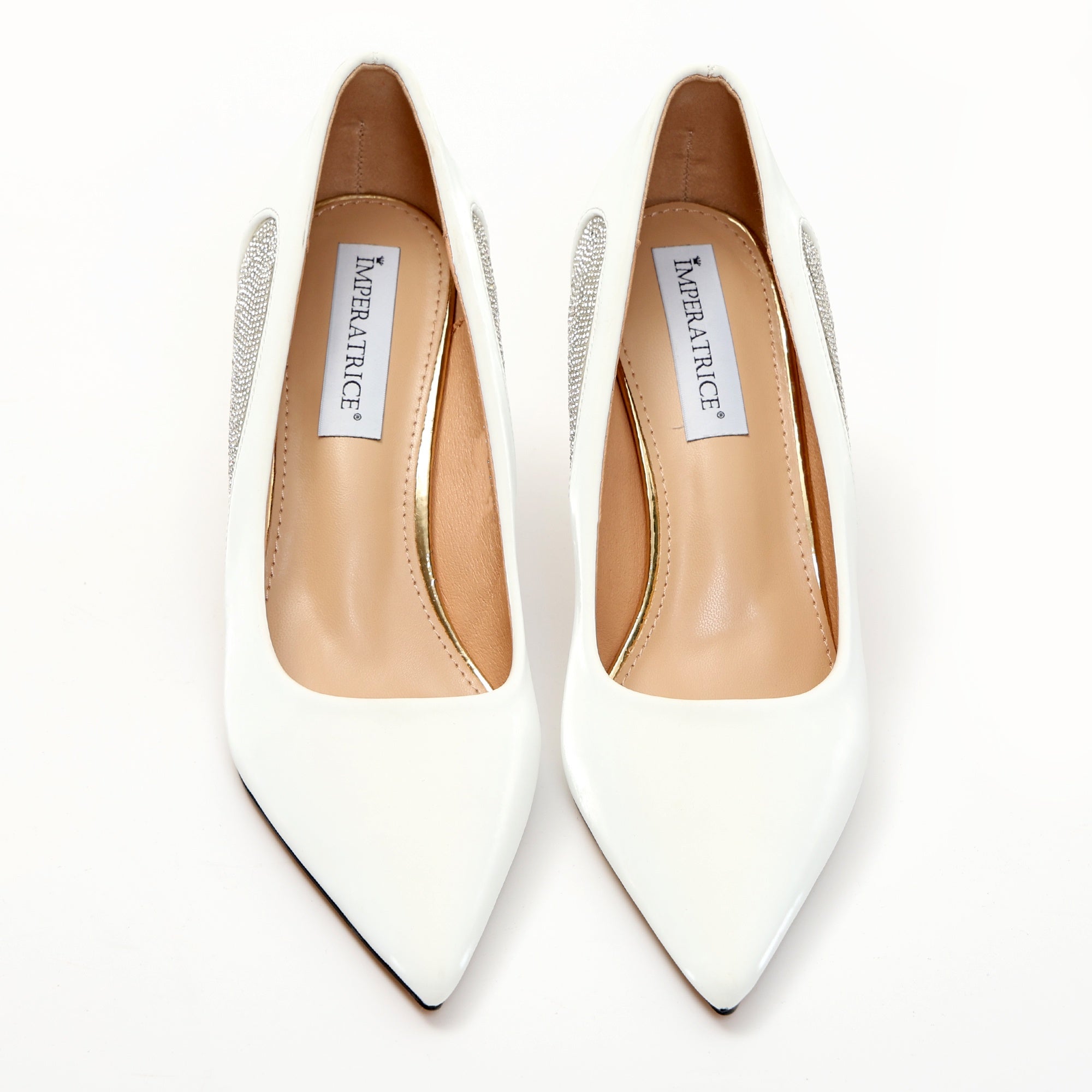 Dècolletè pumps in simil pelle verniciata con strass laterali Bianco