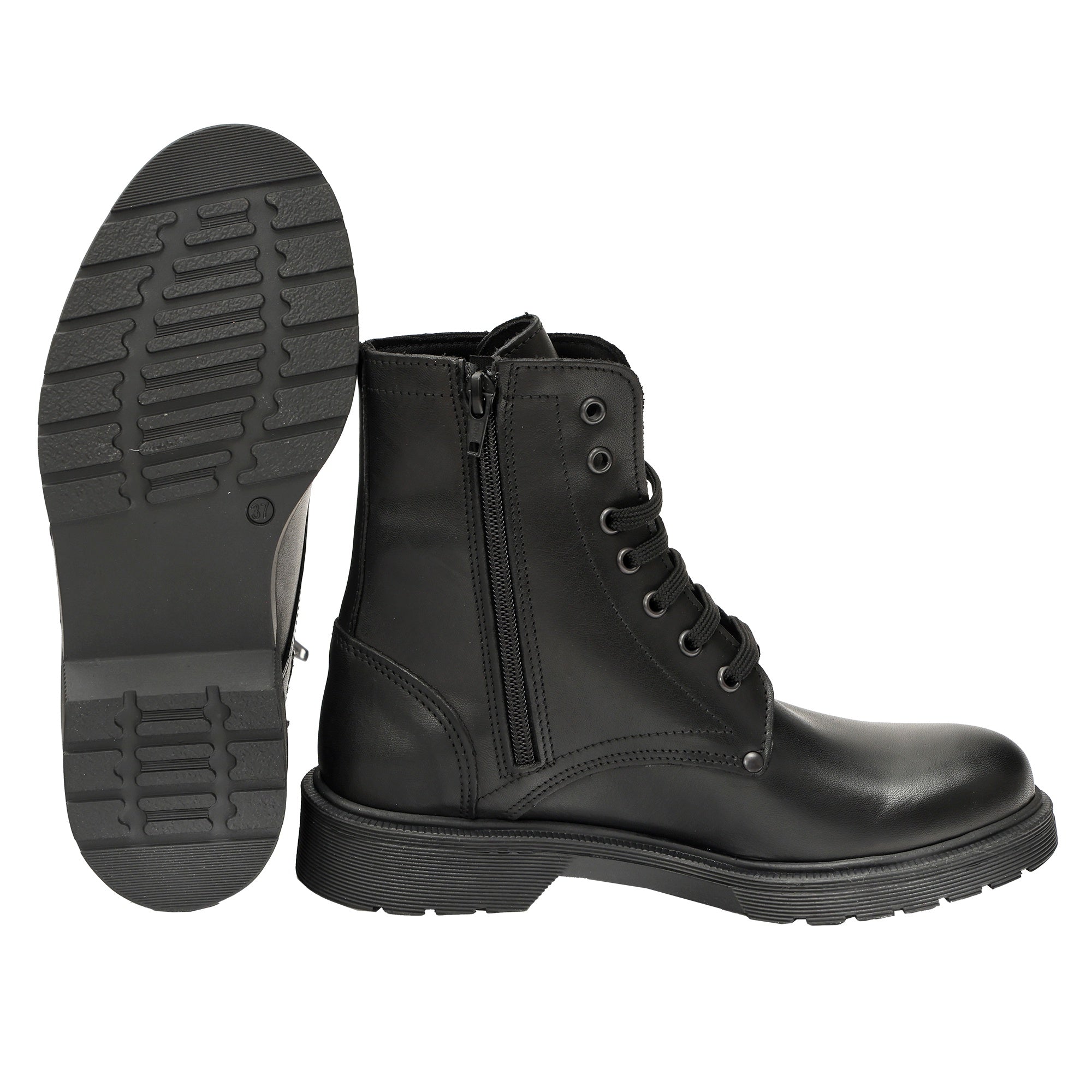 Anfibi in vera pelle con stringhe  e lampo laterale Nero