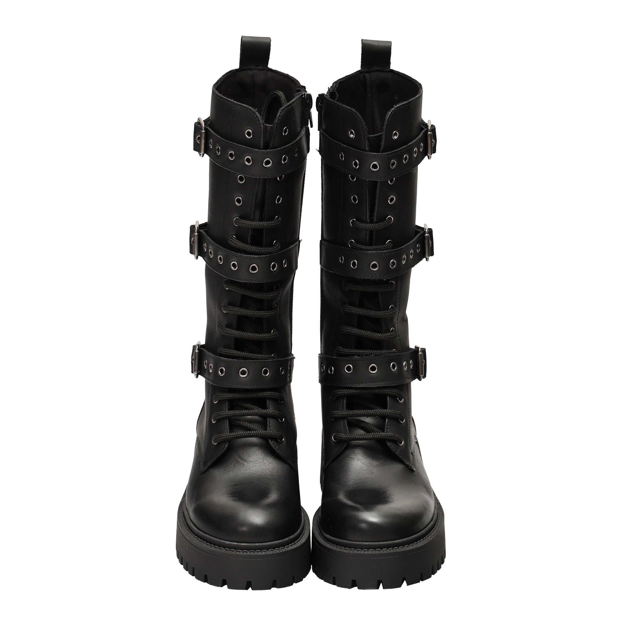 Stivali in vera pelle con stringhe e cinturini Nero