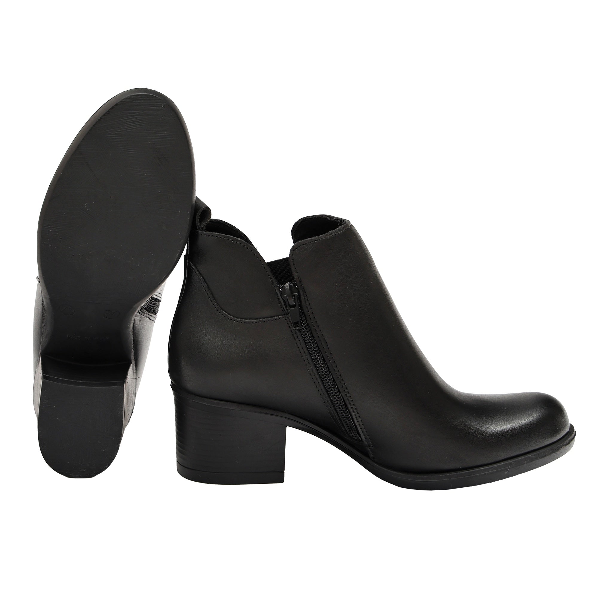 Tronchetto in Vera Pelle con Tacco Comodo e Fascia Elastica Nero