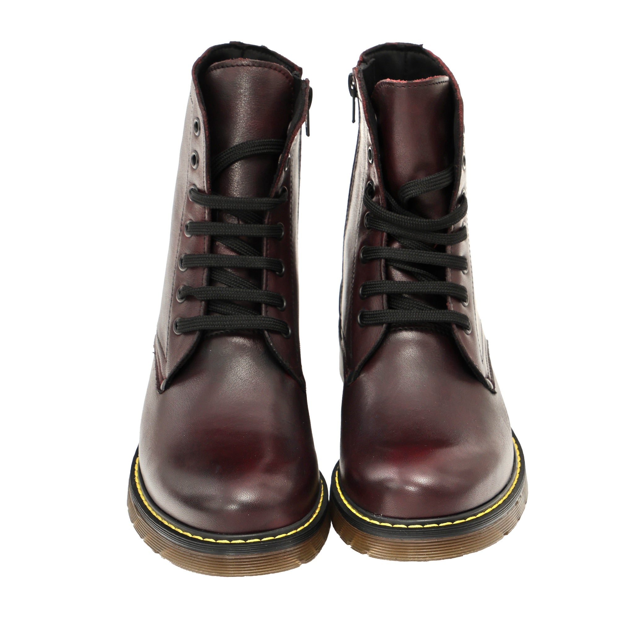 Anfibi in vera pelle con stringhe  e lampo laterale Bordeaux