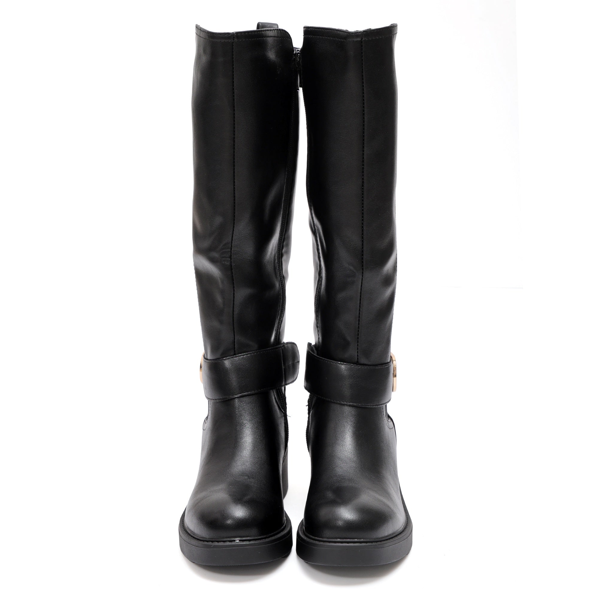 Stivale in simil pelle con fascia elastica e cinturino dorato Nero