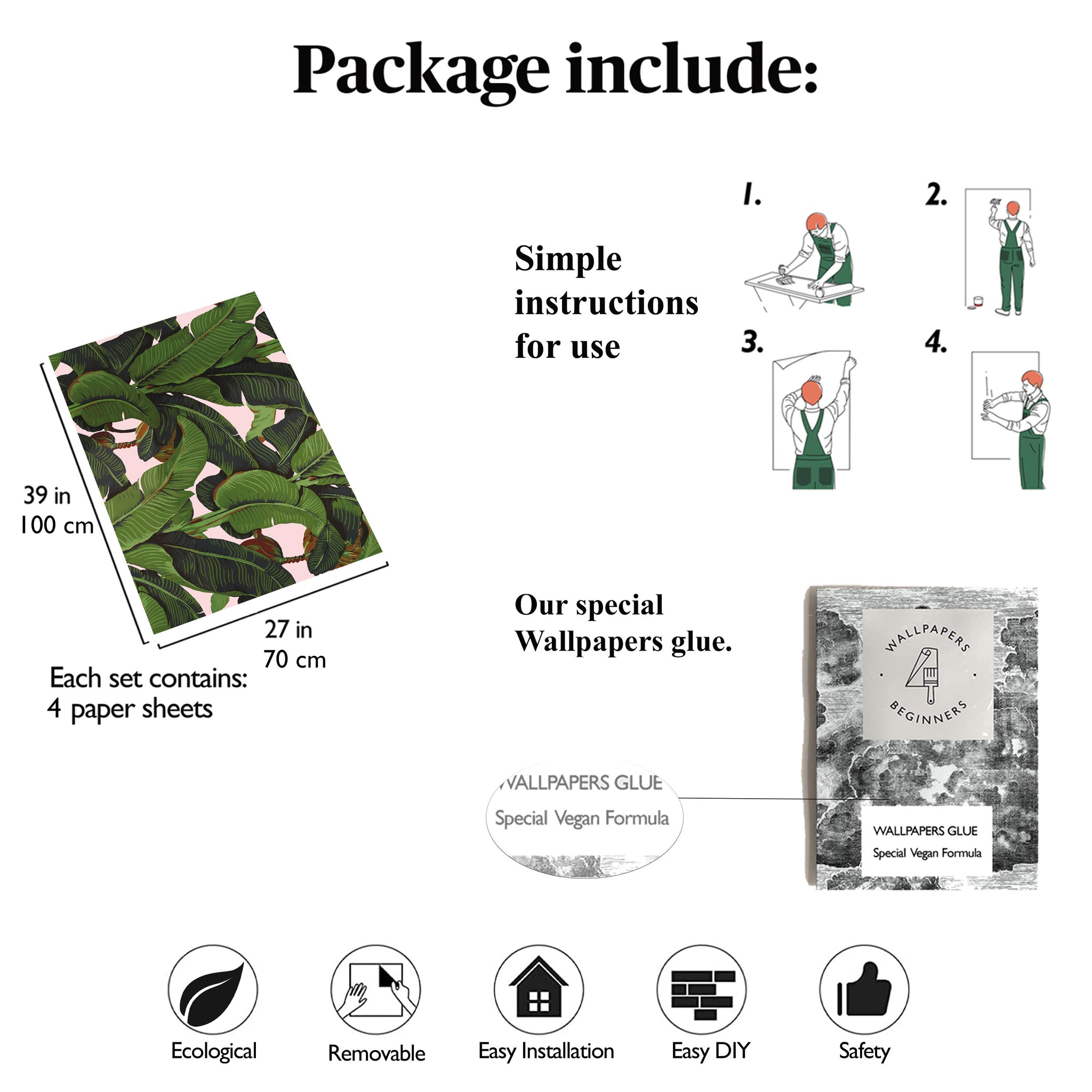 Carta da Parati Tropicale con Foglie di Banano per Decorare Armadi - 4 fogli - 2,80 mq