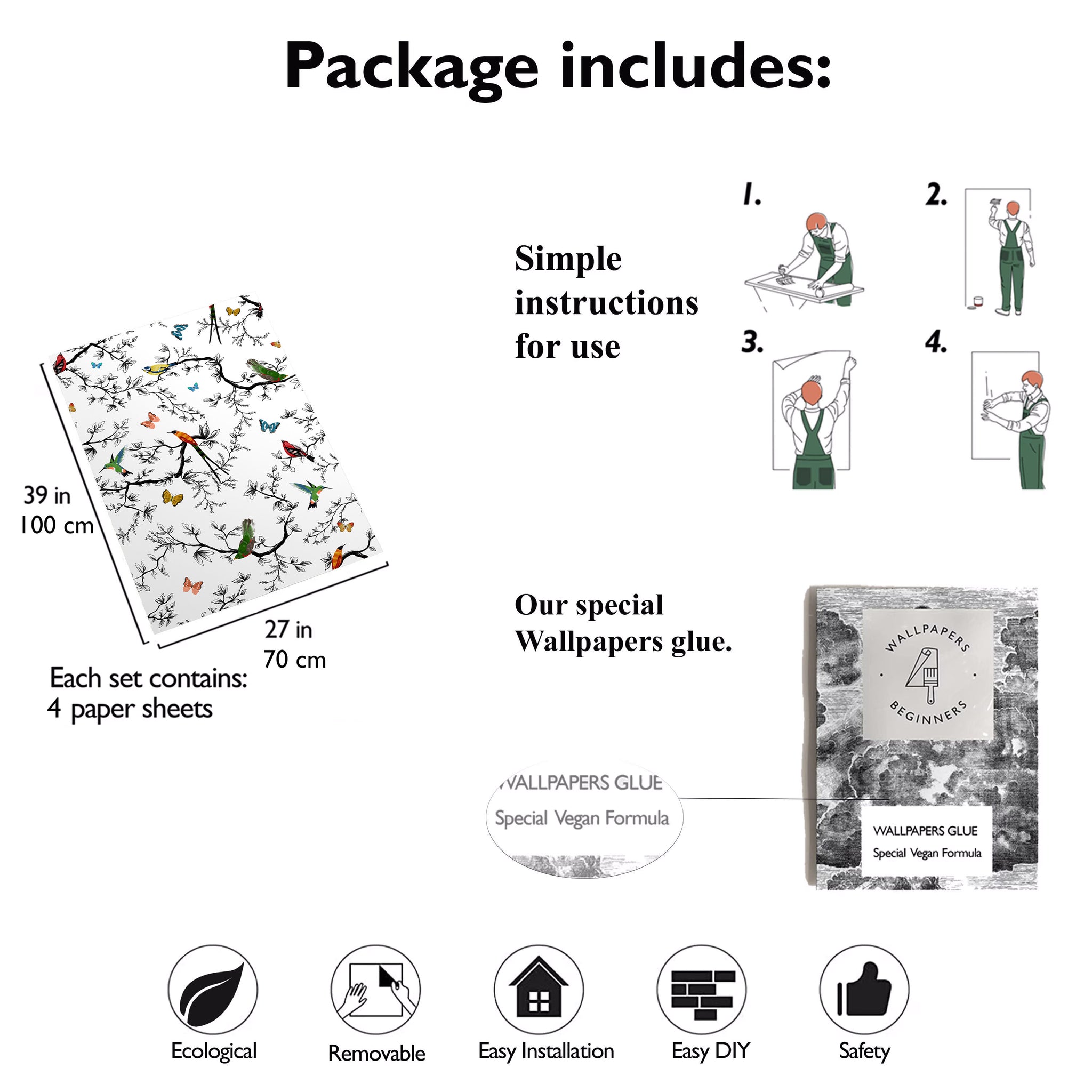 Carta da Parati con Uccelli Colorati per Armadi e Mobili - 4 fogli - 2,80 mq