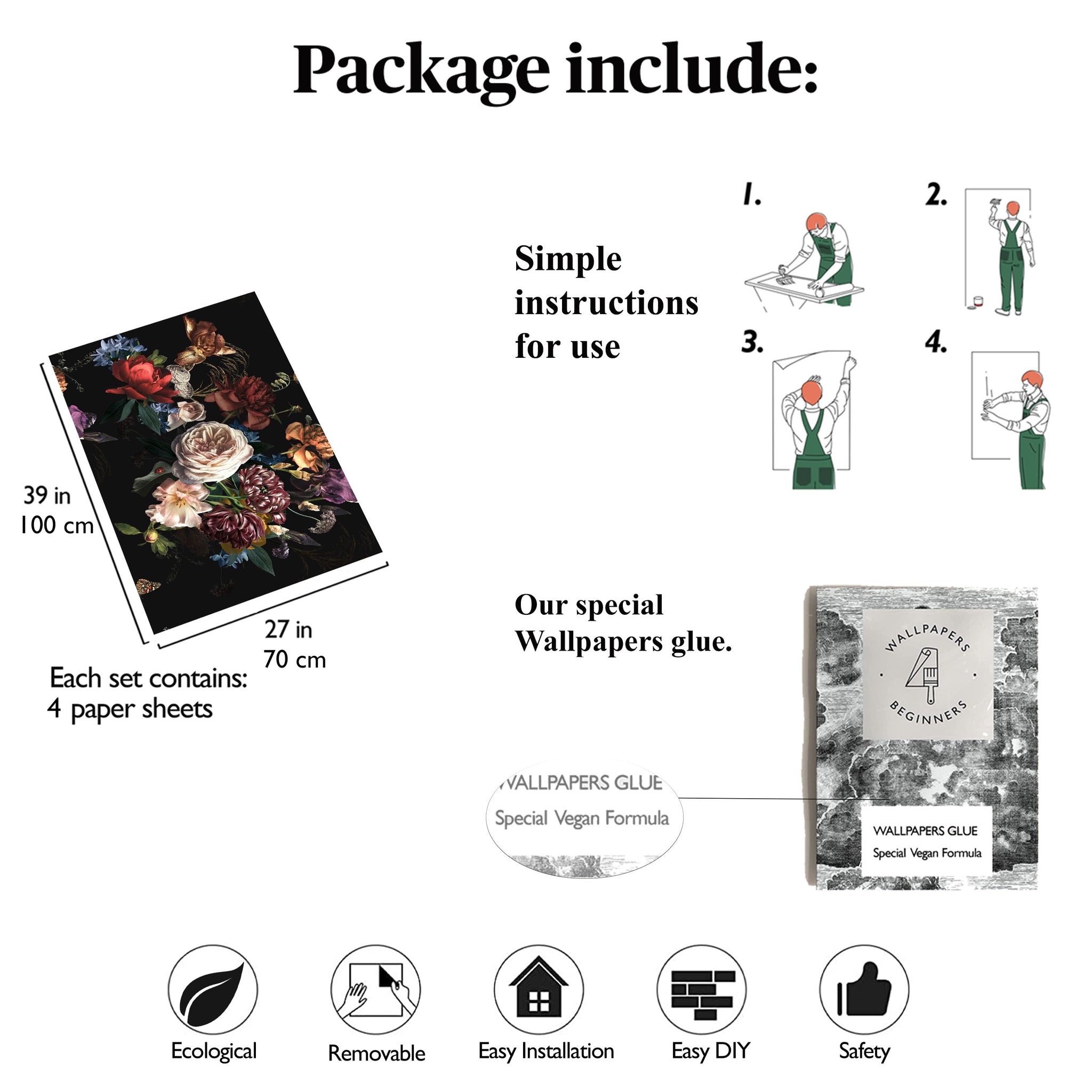 Carta da Parati Floreale Oscura per Decorare Armadi - 4 fogli - 2,80 mq