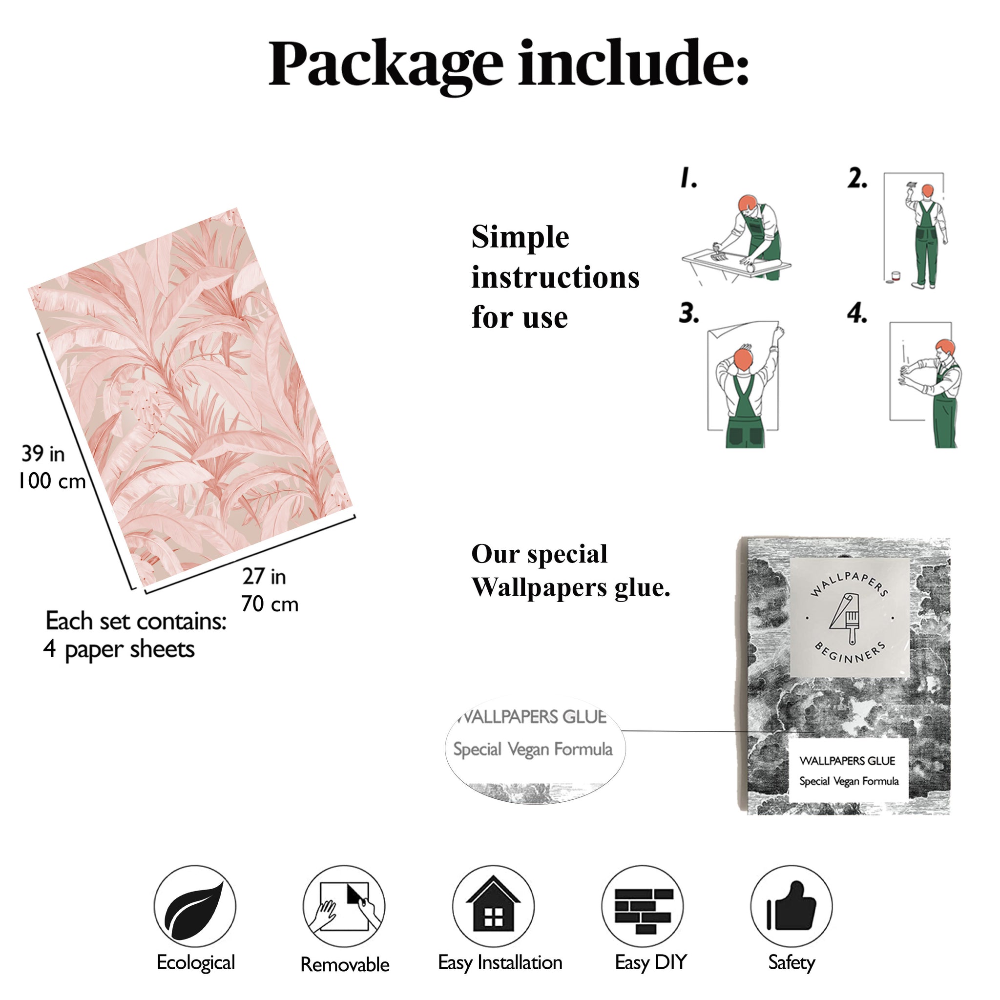 Carta da Parati Rosa con Foglie Tropicali per Interni di Armadi - 4 fogli - 2,80 mq