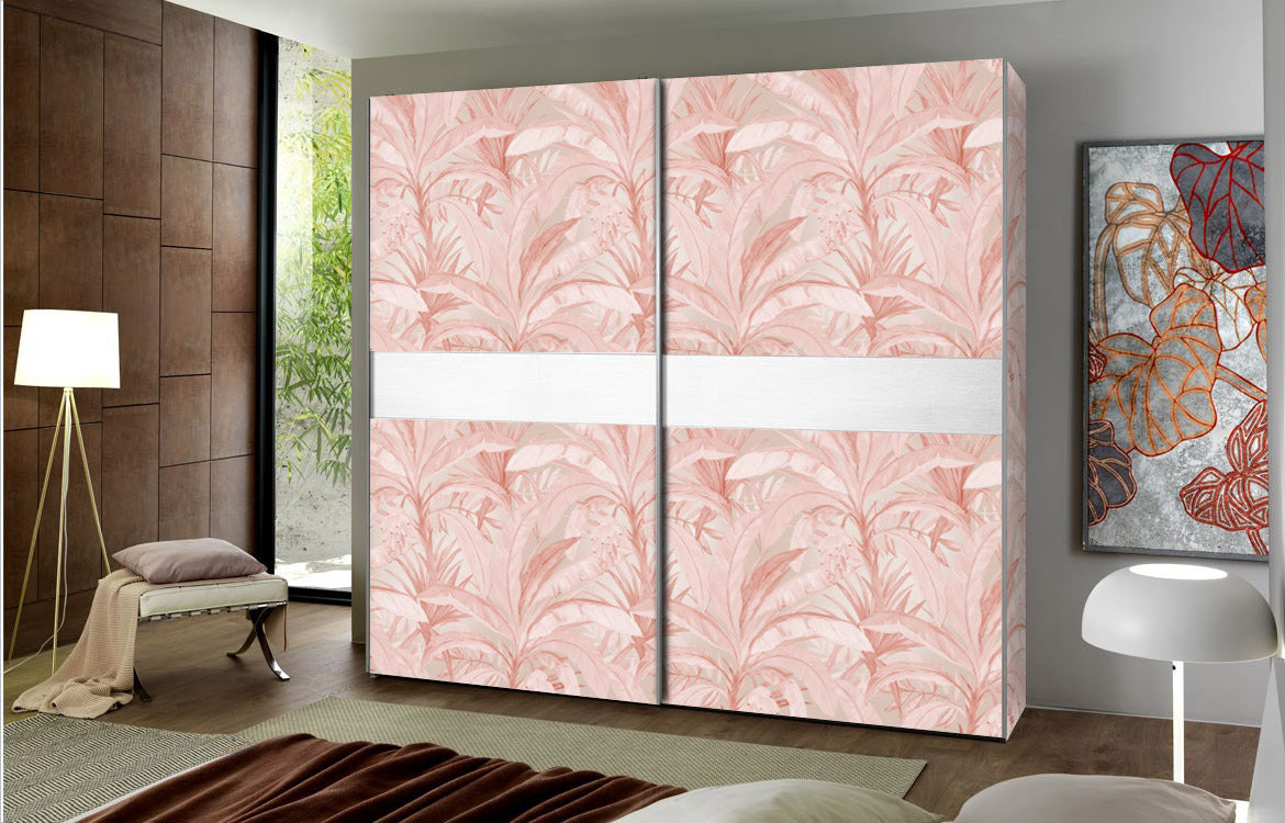 Carta da Parati Rosa con Foglie Tropicali per Interni di Armadi - 4 fogli - 2,80 mq