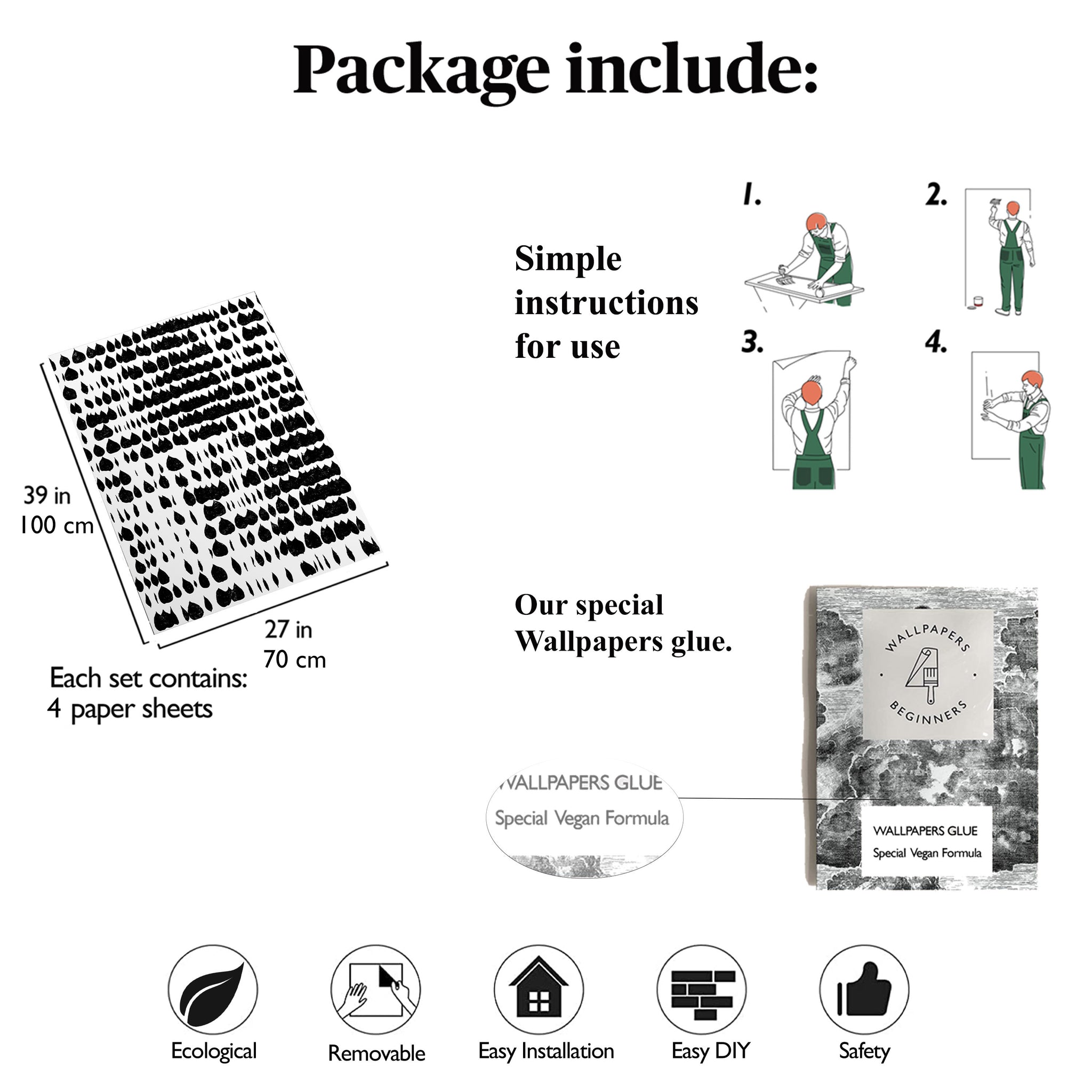 Carta da Parati Macchie Artistiche in Bianco e Nero per Armadi e Mobili - 4 fogli - 2,80 mq