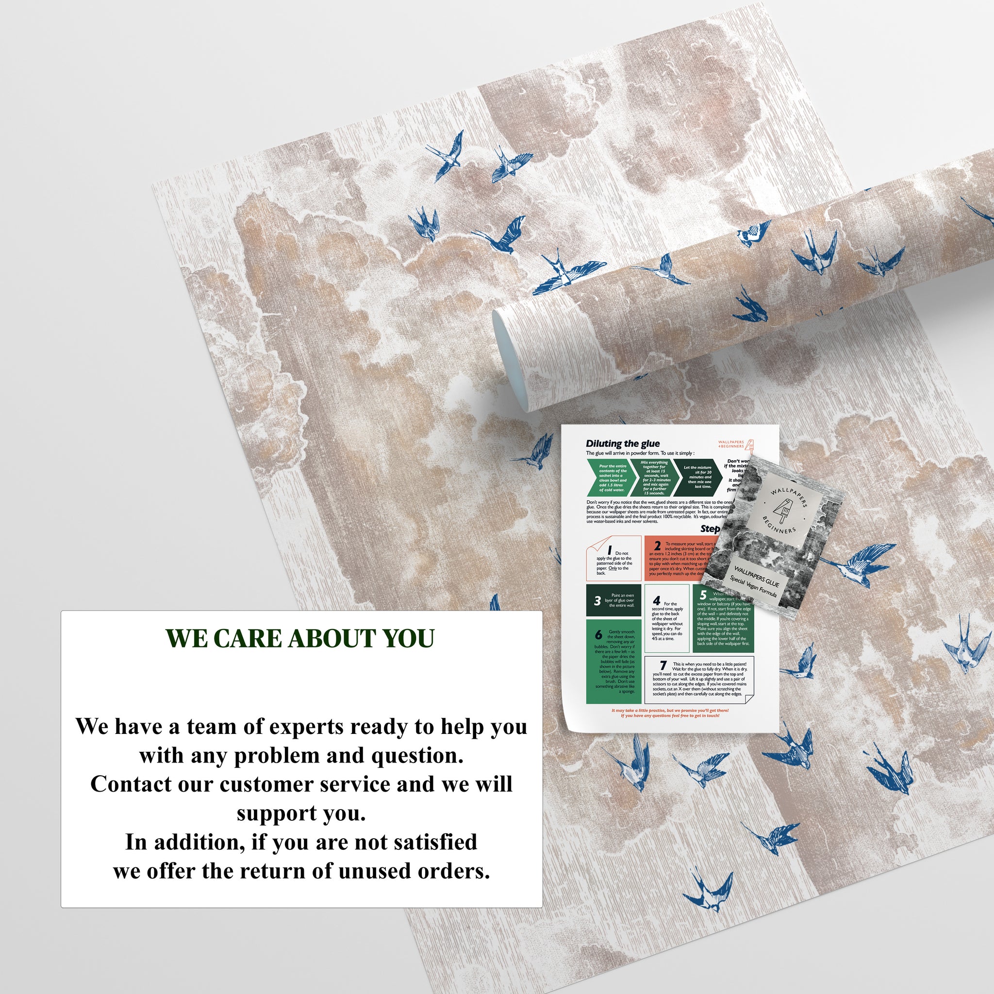 Carta da Parati Rondini Blu per Decorazione di Armadi e Cassetti - 4 fogli - 2,80 mq