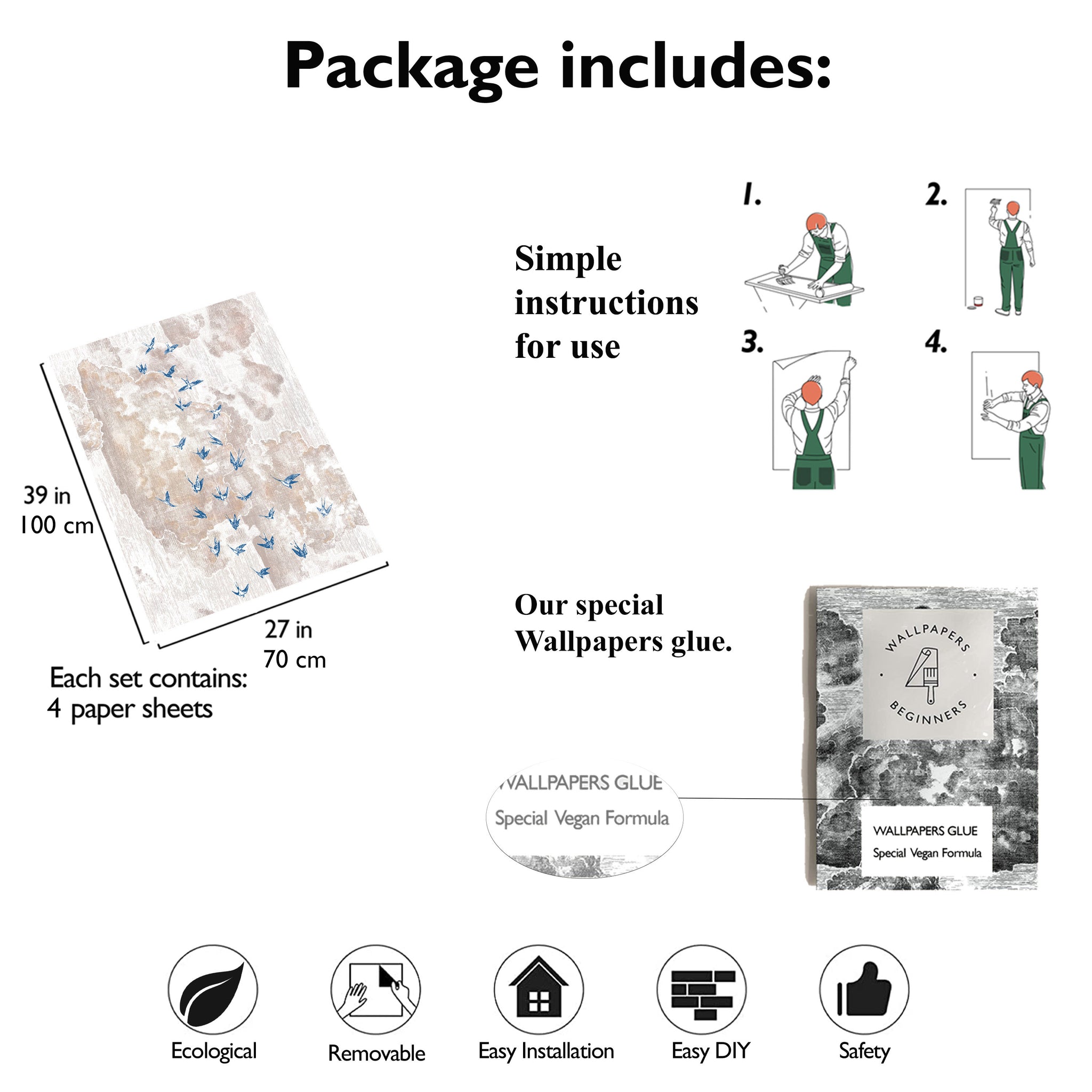 Carta da Parati Rondini Blu per Decorazione di Armadi e Cassetti - 4 fogli - 2,80 mq