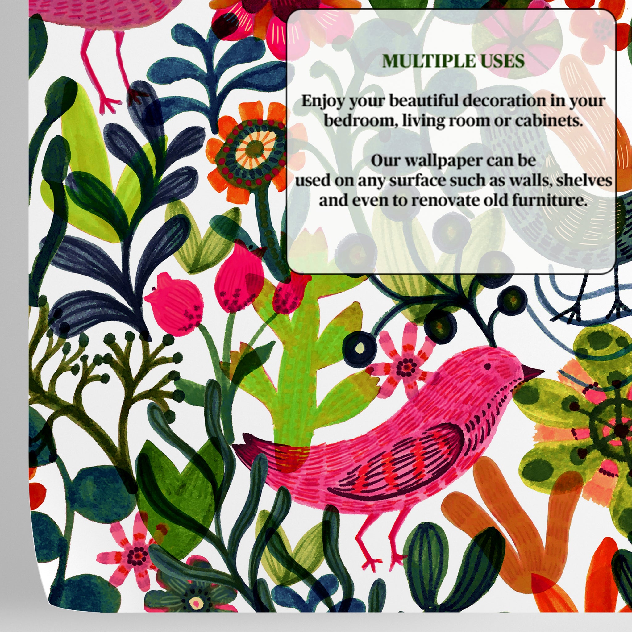 Carta da Parati con Motivo Floreale e Uccelli per Armadi e Cassetti - 4 fogli - 2,80 mq