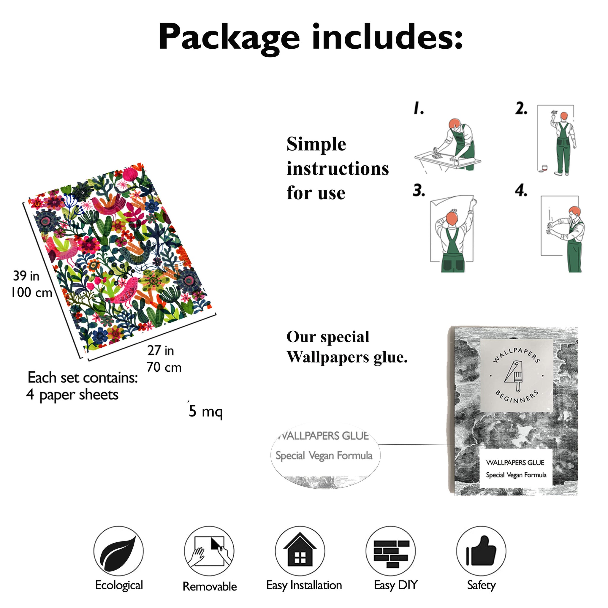 Carta da Parati con Motivo Floreale e Uccelli per Armadi e Cassetti - 4 fogli - 2,80 mq