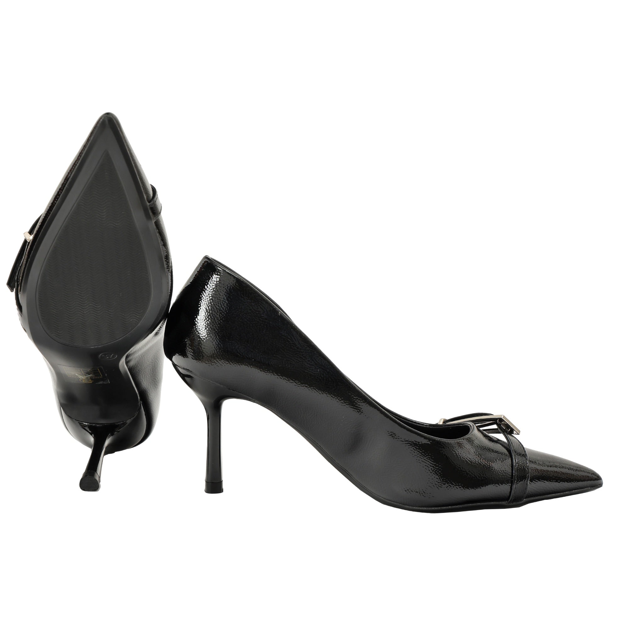 Decolletè in simil pelle verniciata con cinturino Nero