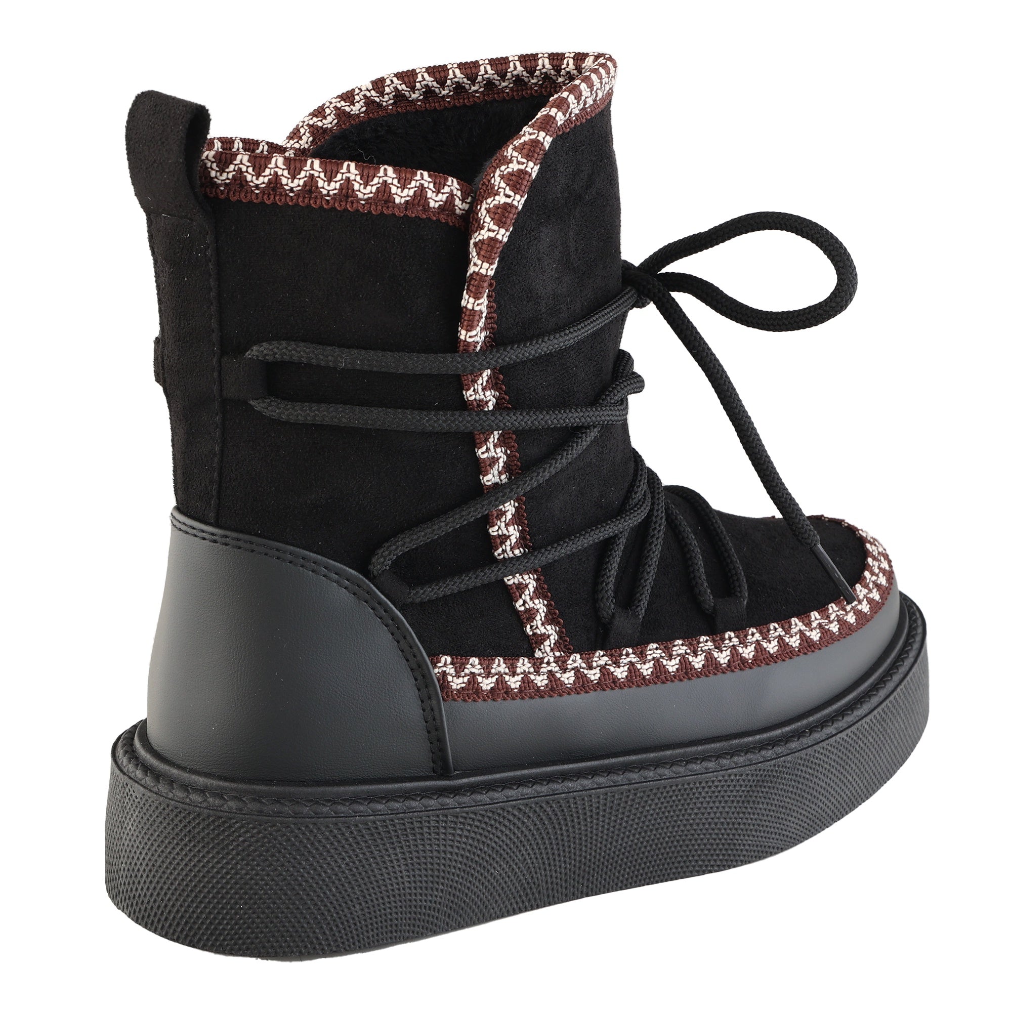 Stivaletti in simil camoscio imbottiti con stringhe e ricamo Nero