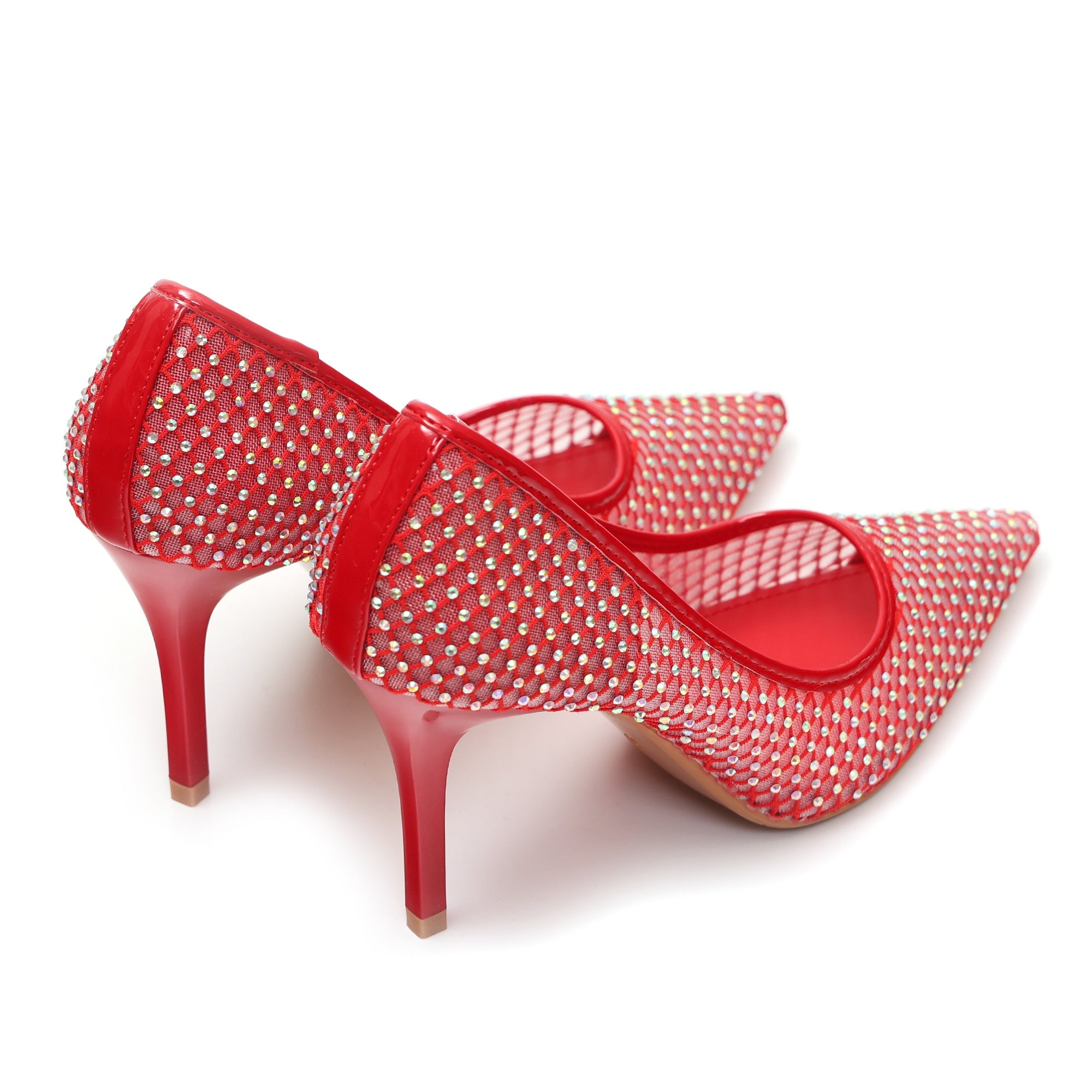 Dècolletè pumps in simil pelle con tomaia bucherellata ricoperta di strass Rosso
