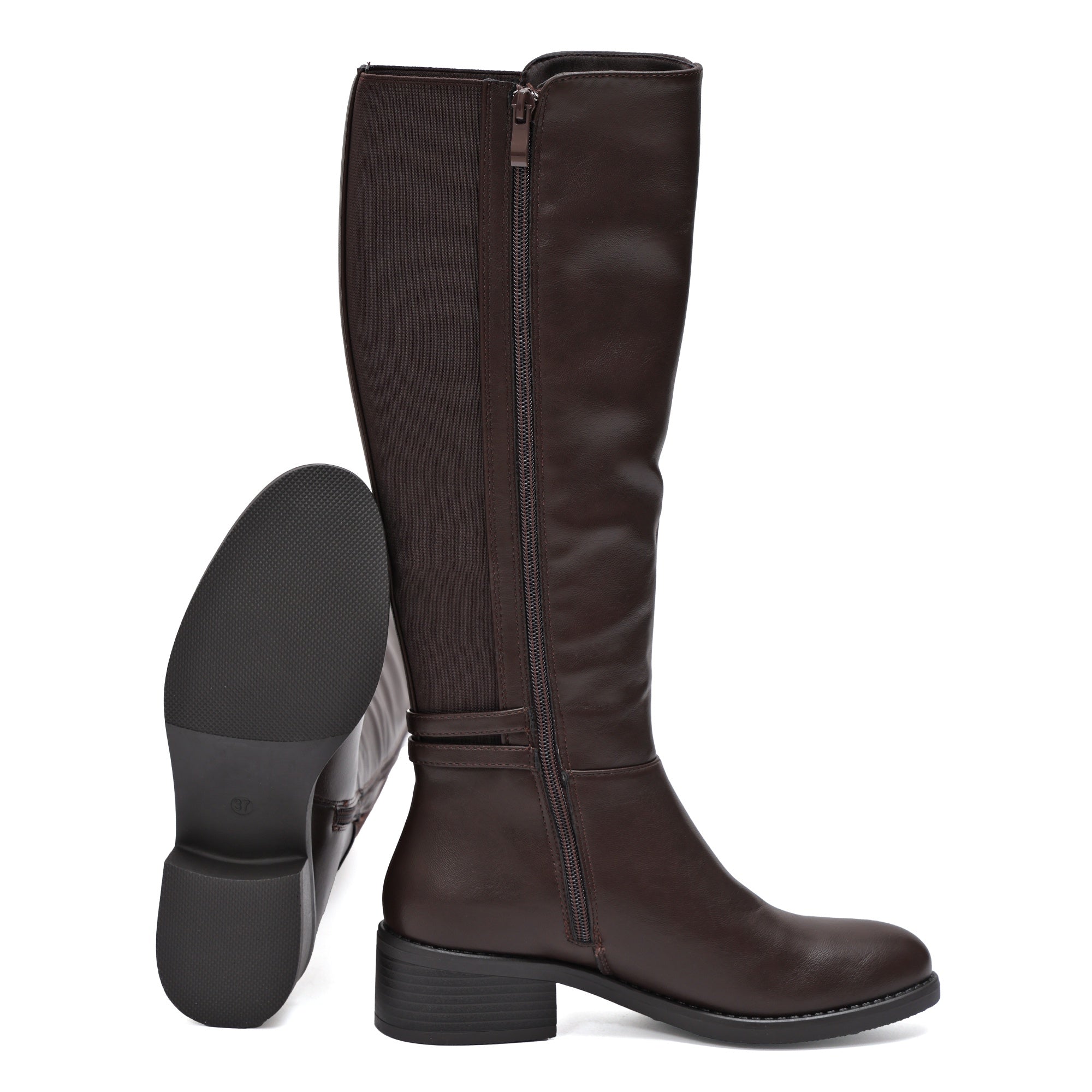 Stivale in simil pelle con fascia elastica e cinturino dorato Marrone