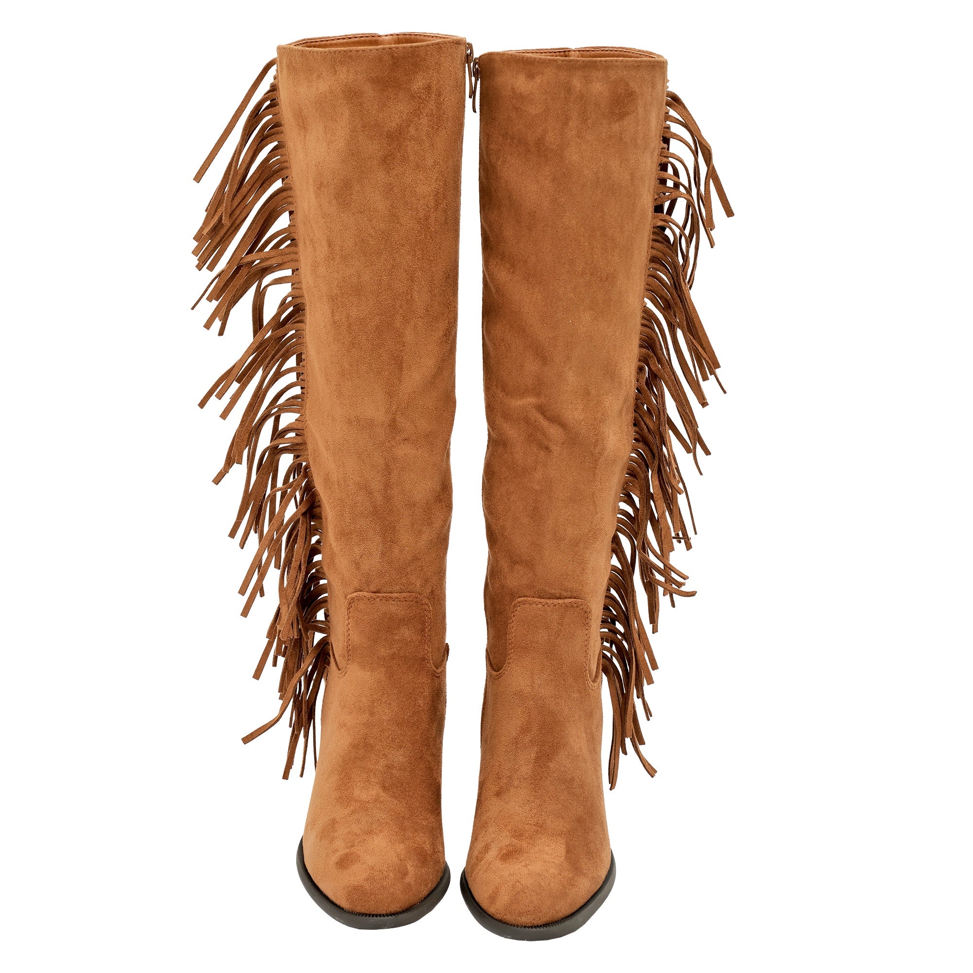 Stivali in simil camoscio con frange e tacco largo Cammello
