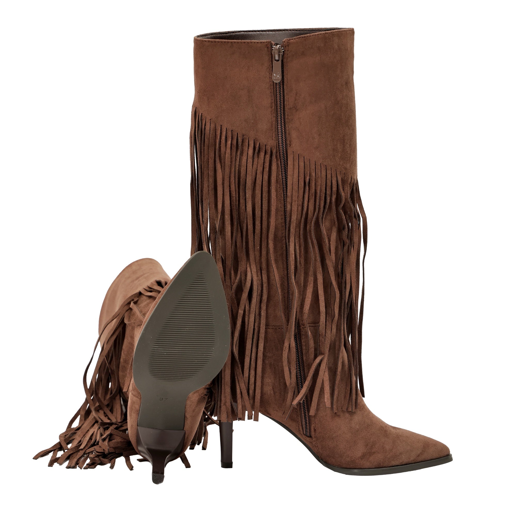 Stivali in simil camoscio con frange e tacco a spillo Marrone