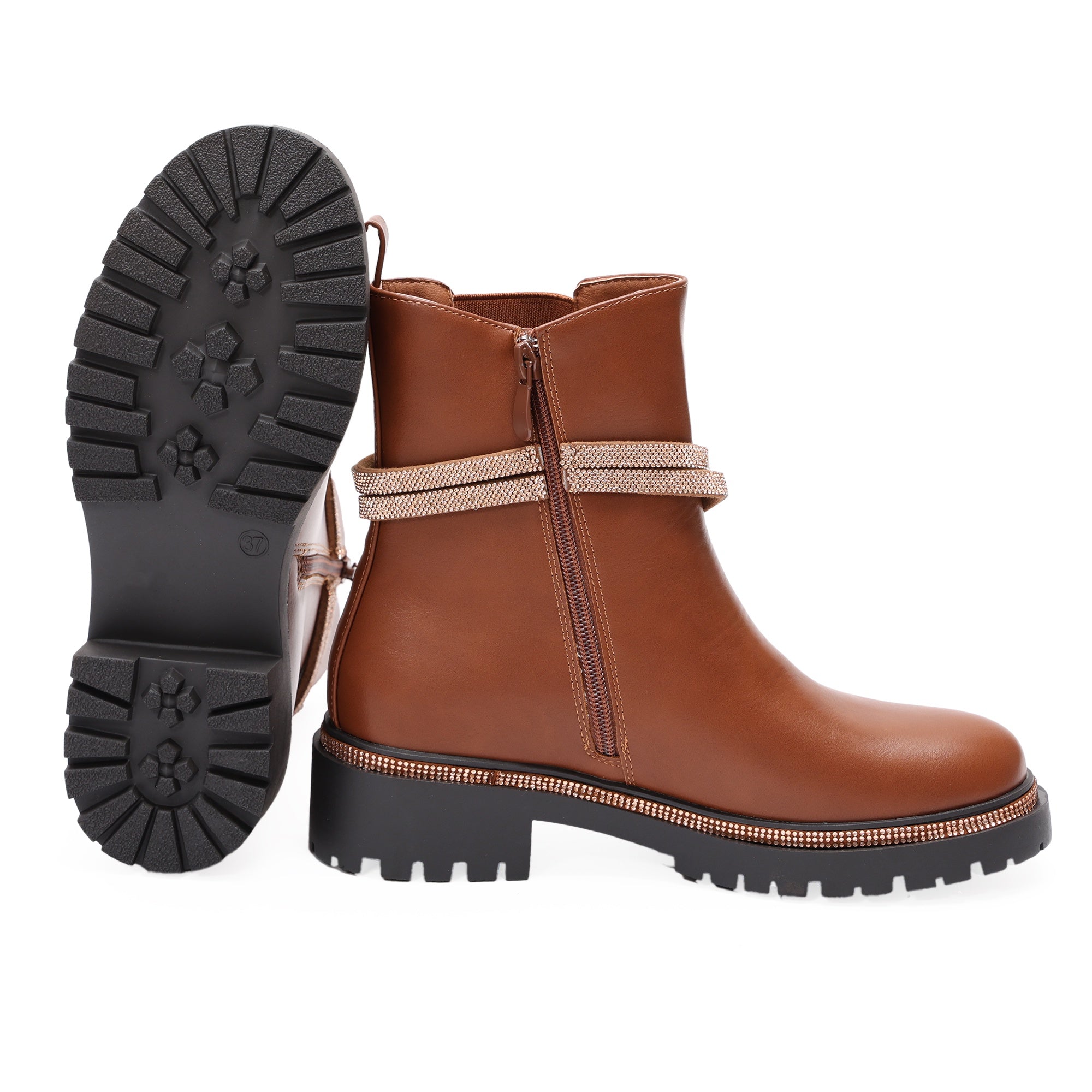 Stivaletti in simil pelle con applicazioni dorate Cammello