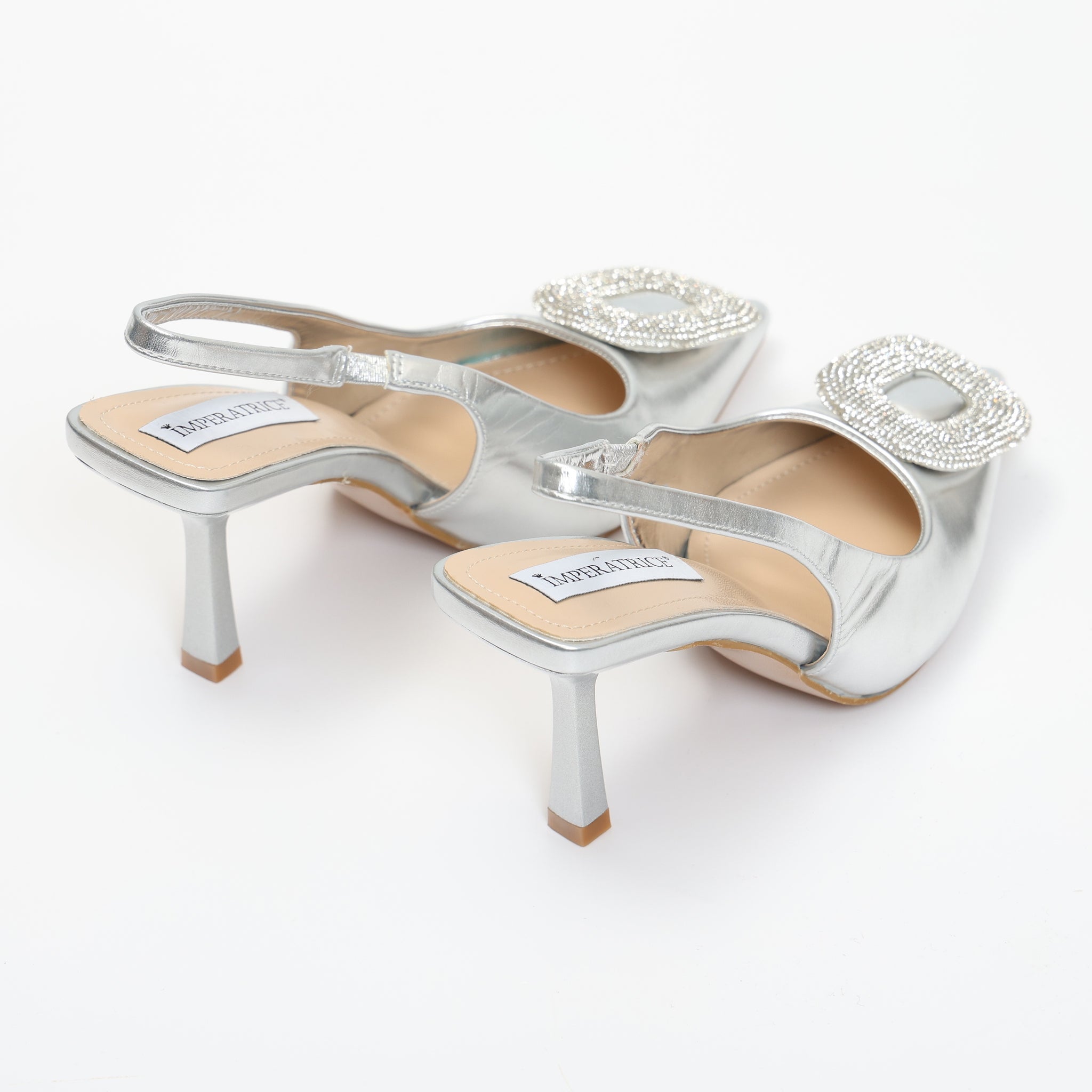 Dècolletè slingback in simil pelle con dettaglio strass sulla punta Argentato
