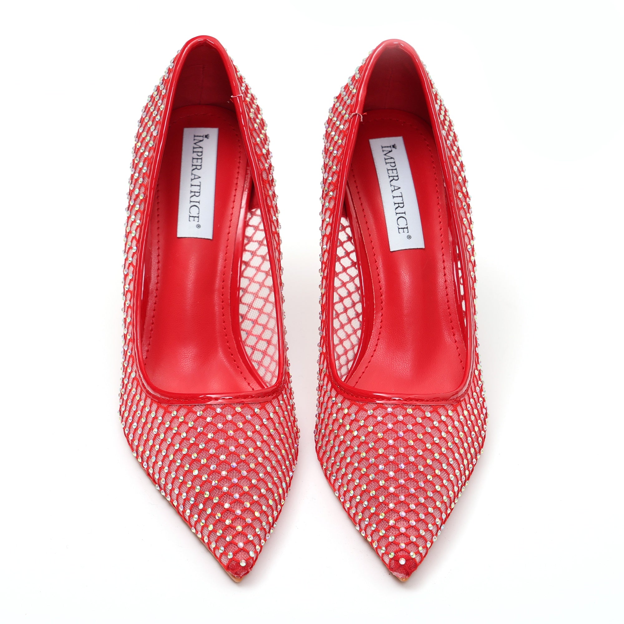 Dècolletè pumps in simil pelle con tomaia bucherellata ricoperta di strass Rosso