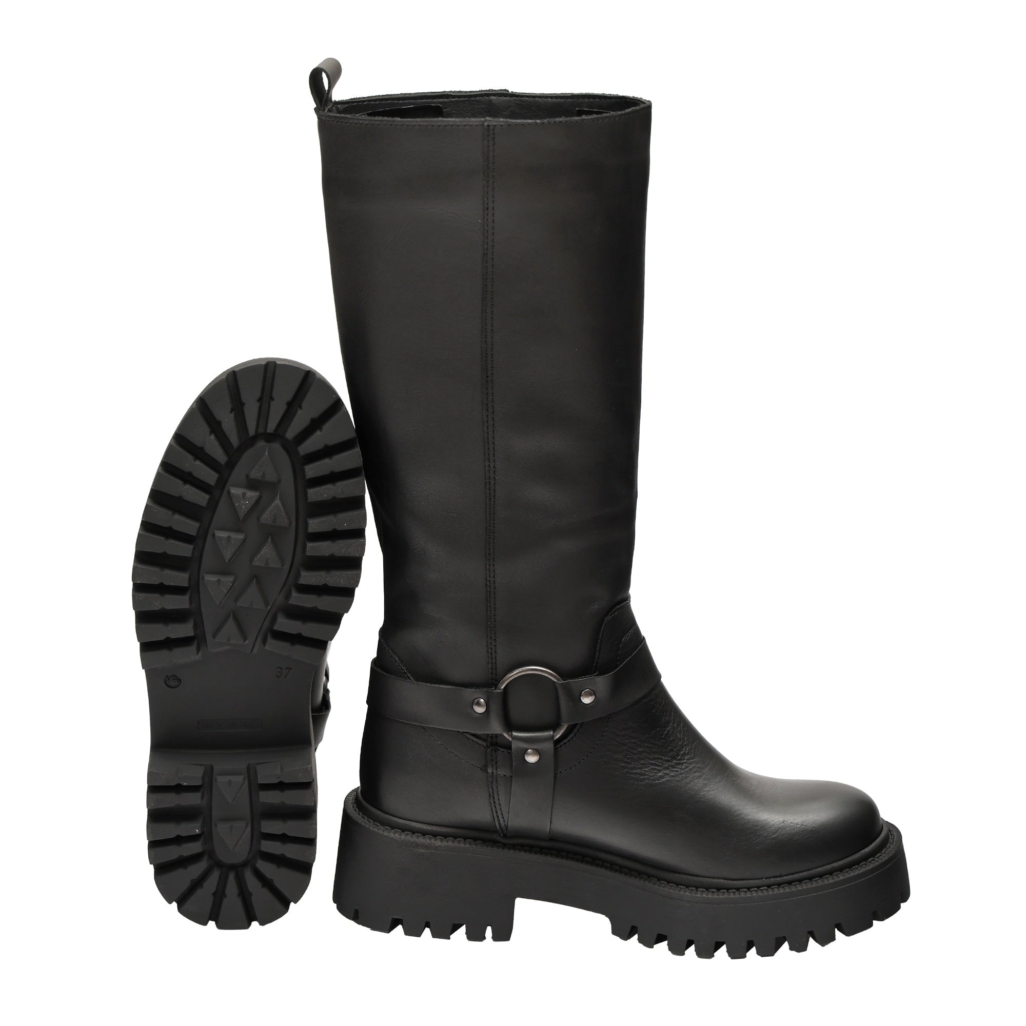 Stivale in vera pelle con cinturino Nero