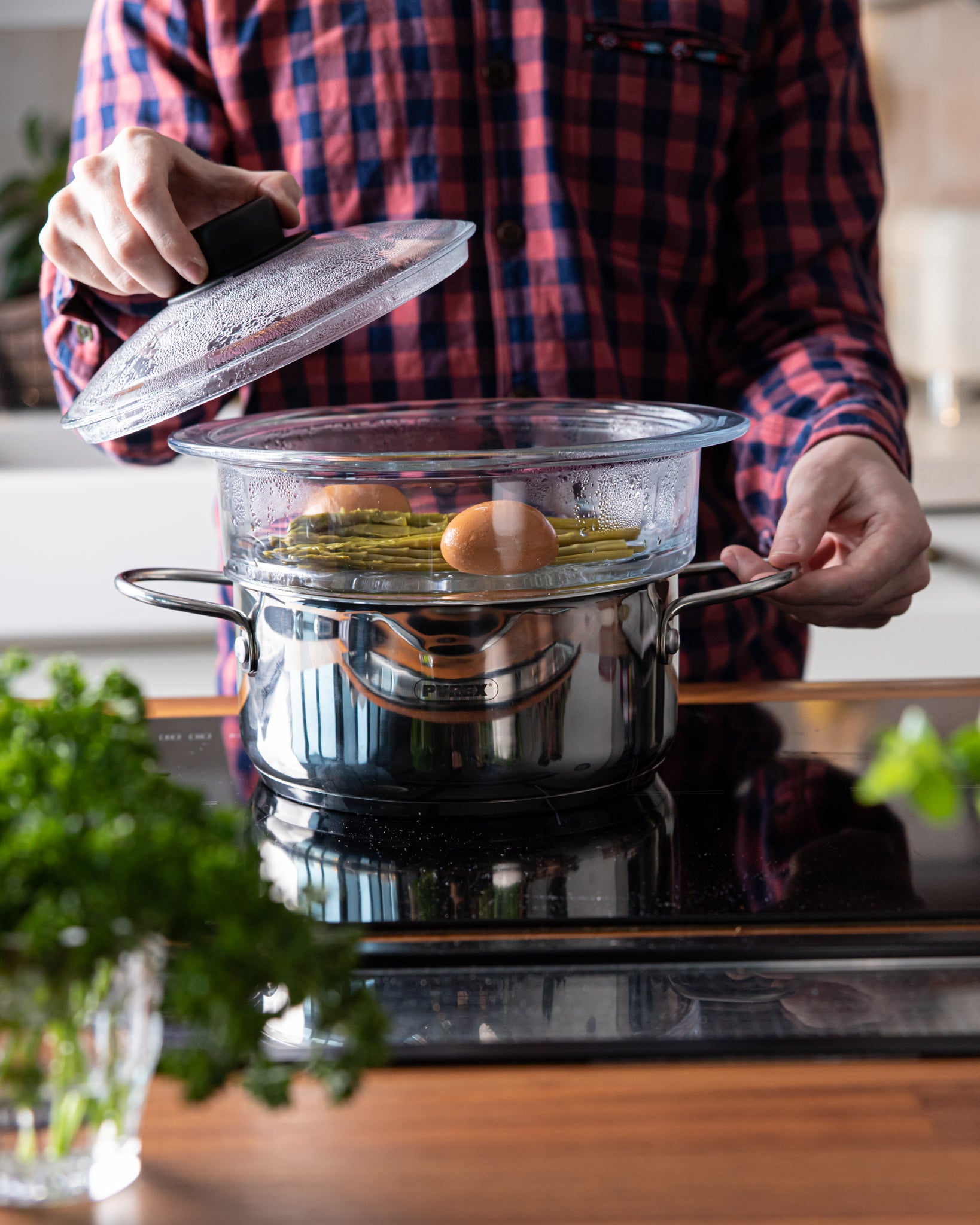 Pyrex® Cestello per cottura a vapore in vetro a due piani con coperchio Ø20 cm